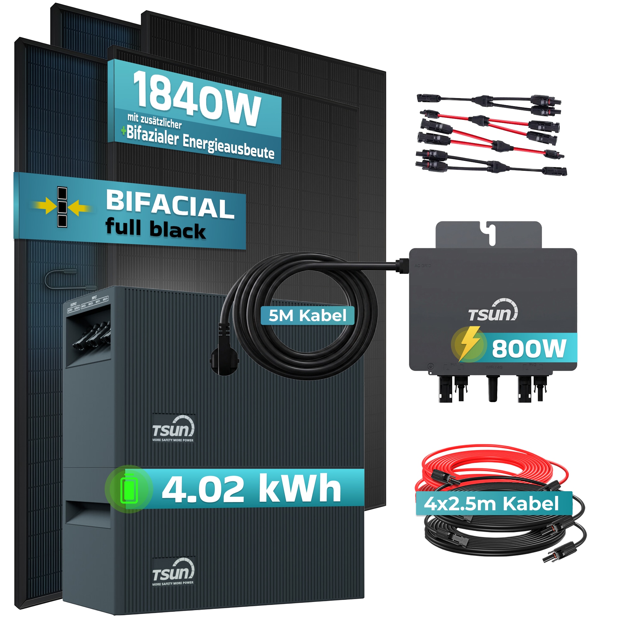 SUNNIVA&reg; 1840W Balkonkraftwerk mit 4,02 kWh Speicher TSUN SOLARCAN TSOL-DCU2000Lite, BIFAZIAL FULLBLACK komplett Steckdose, PV Solaranlage Komplettset mit Solarspeicher, 4x 460W Glas-Glas Bifacial 