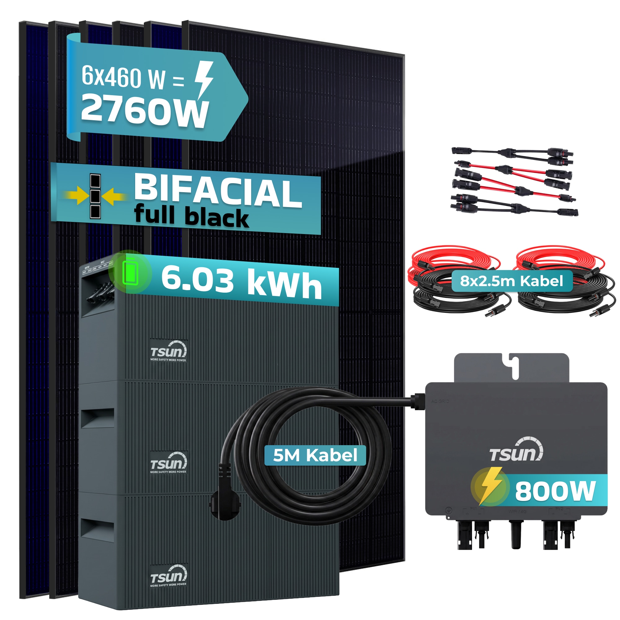 SUNNIVA&reg; 2760W Balkonkraftwerk mit 6,03 kWh Speicher TSUN SOLARCAN TSOL-DCU2000Lite, BIFAZIAL FULLBLACK komplett Steckdose, PV Solaranlage Komplettset mit Solarspeicher, 6x 460W Glas-Glas Bifacial 