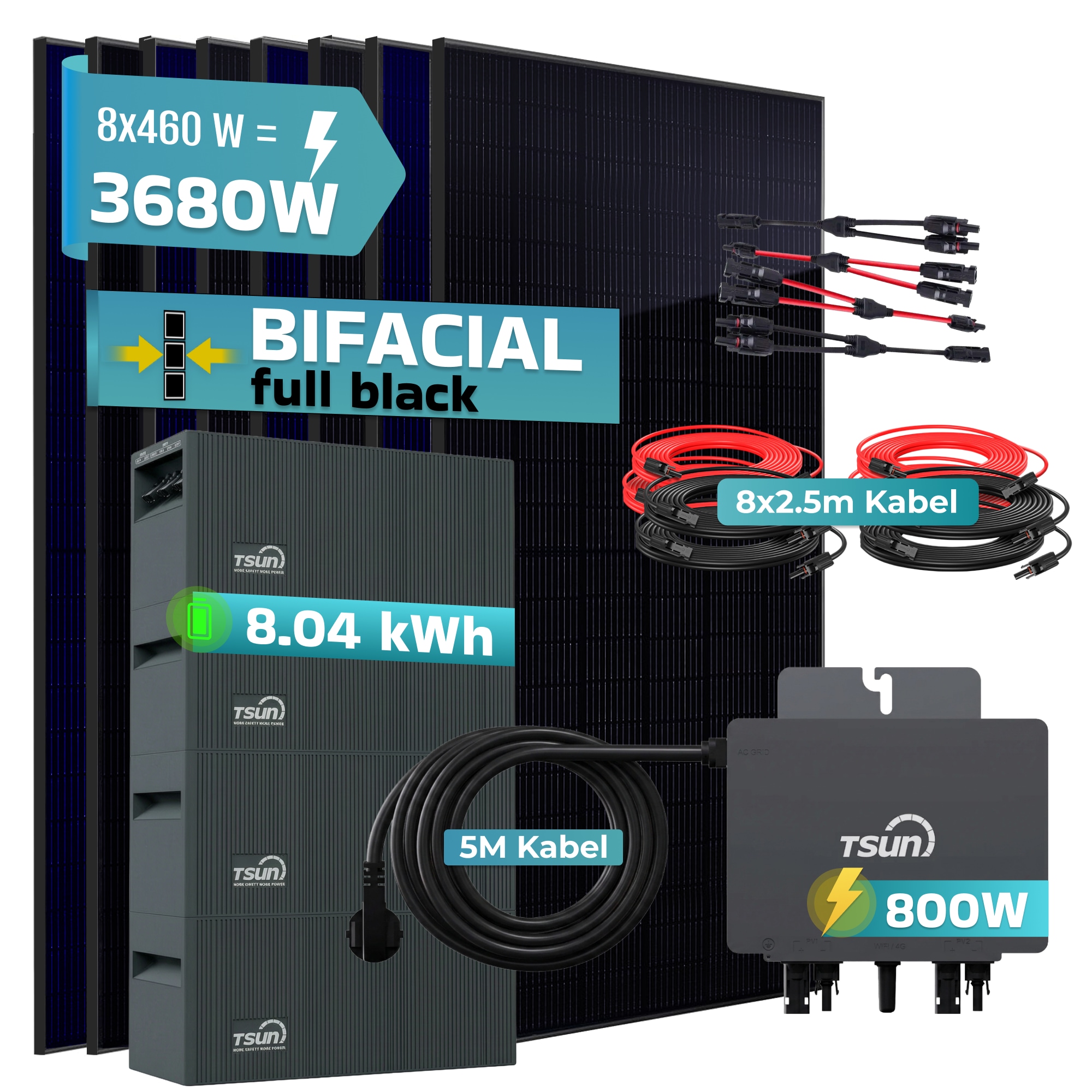 SUNNIVA&reg; 3680W Balkonkraftwerk mit 8,04 kWh Speicher TSUN SOLARCAN TSOL-DCU2000Lite, BIFAZIAL FULLBLACK komplett Steckdose, PV Solaranlage Komplettset mit Solarspeicher, 8x 460W Glas-Glas Bifacial 