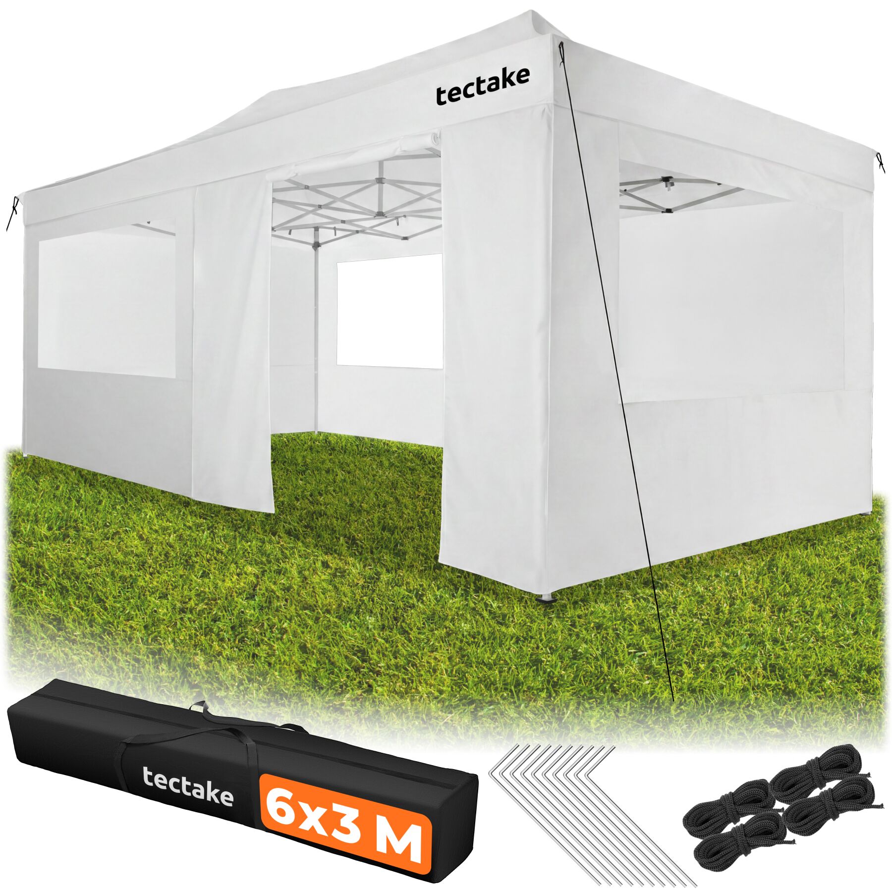 tectake&reg; Aluminium Faltpavillon, 6 x 3 m, wasserdicht, h&ouml;henverstellbar, inklusive Spannseilen, Heringen und Tragetasche 