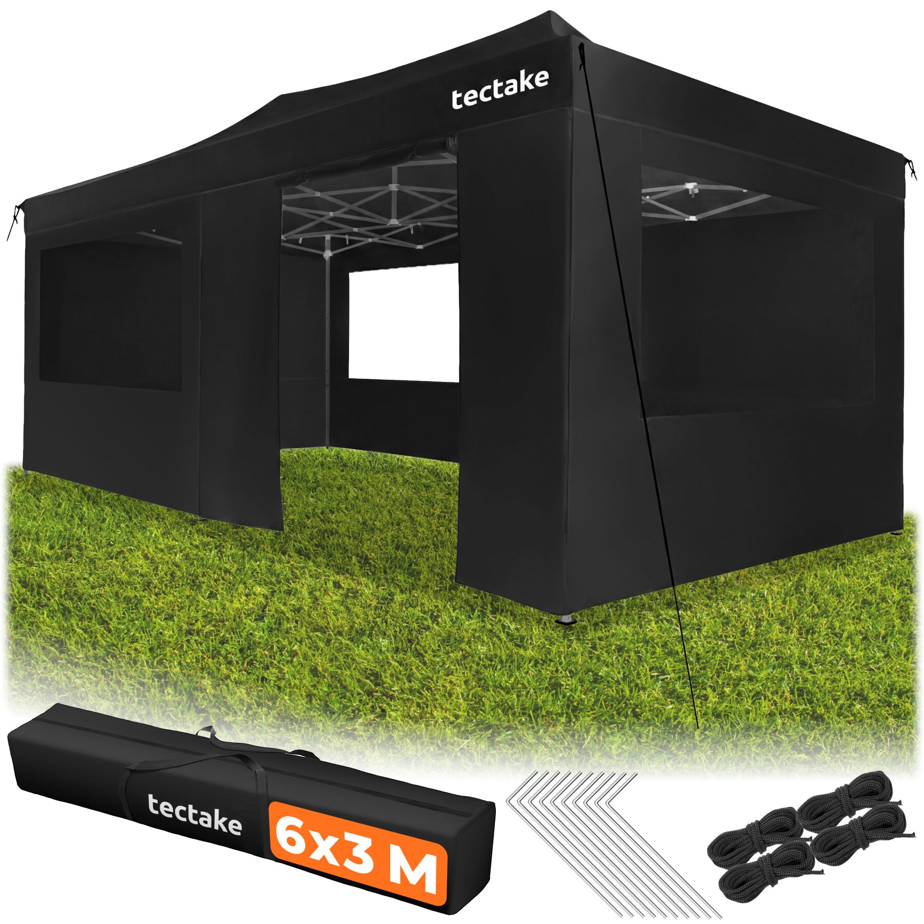 tectake&reg; Aluminium Faltpavillon, 6 x 3 m, wasserdicht, h&ouml;henverstellbar, inklusive Spannseilen, Heringen und Tragetasche 