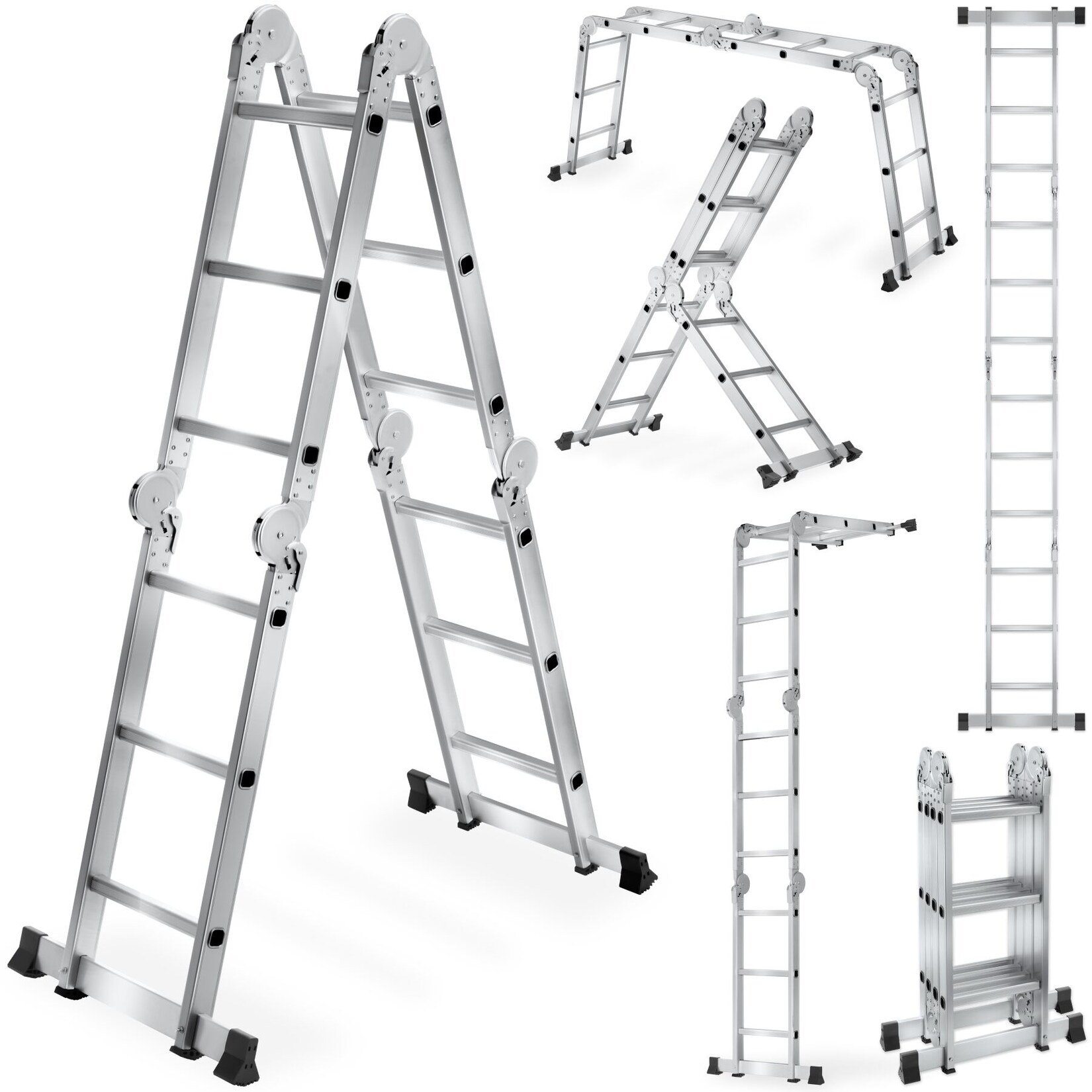 tectake® Aluminium Mehrzweckleiter, 6in1, 4 x 3 Sprossen, geriffelte Trittfläche, rutschfest, klappbar