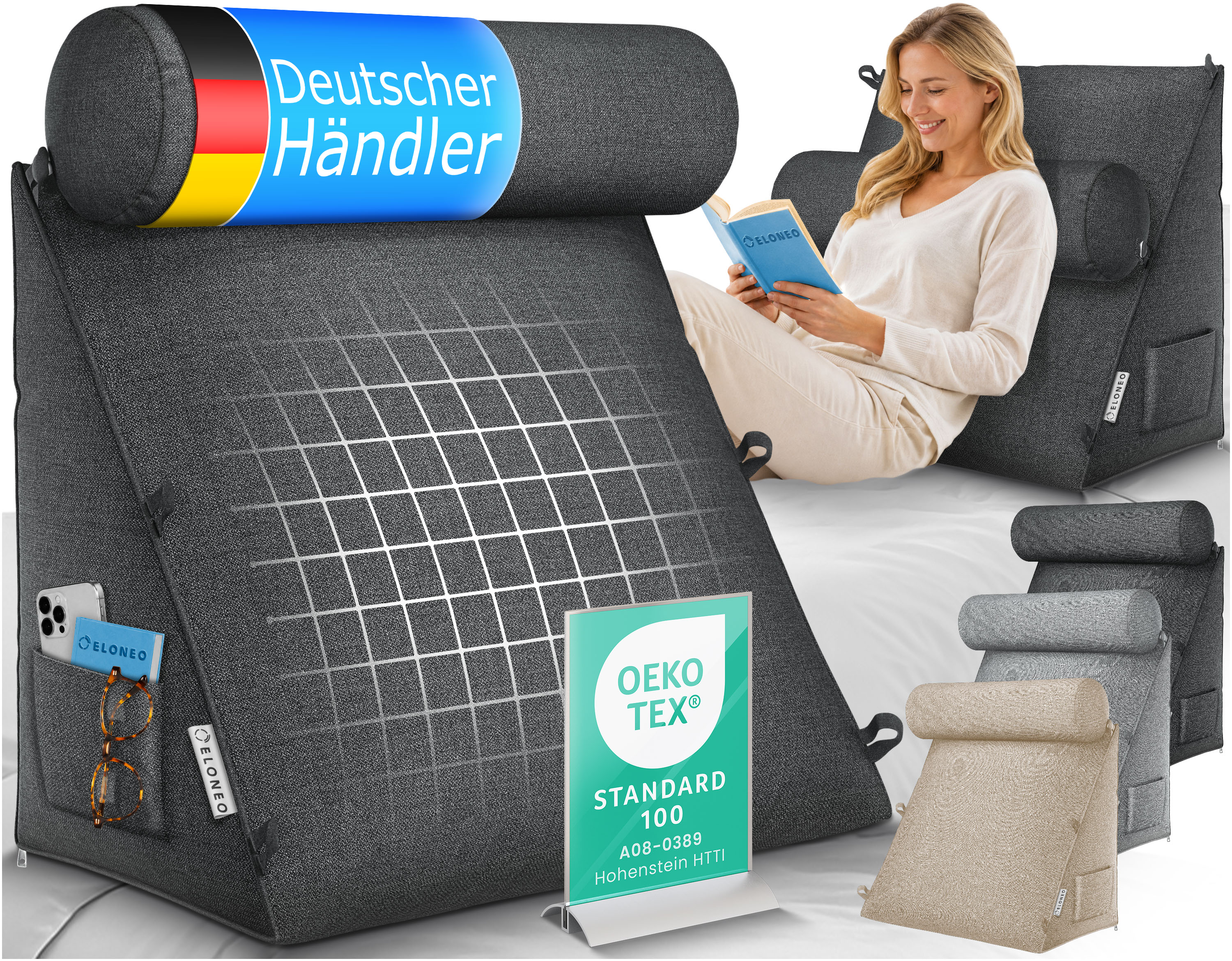 ELONEO R&uuml;ckenkissen Anthrazit 50 cm breit mit Verstellbarer und Abnehmbarer Nackenrolle, Keilkissen f&uuml;r Bett und Sofa geeignet, dreieckiges Lesekissen, Kissen mit waschbarem Bezug, praktisches Seitenfach 