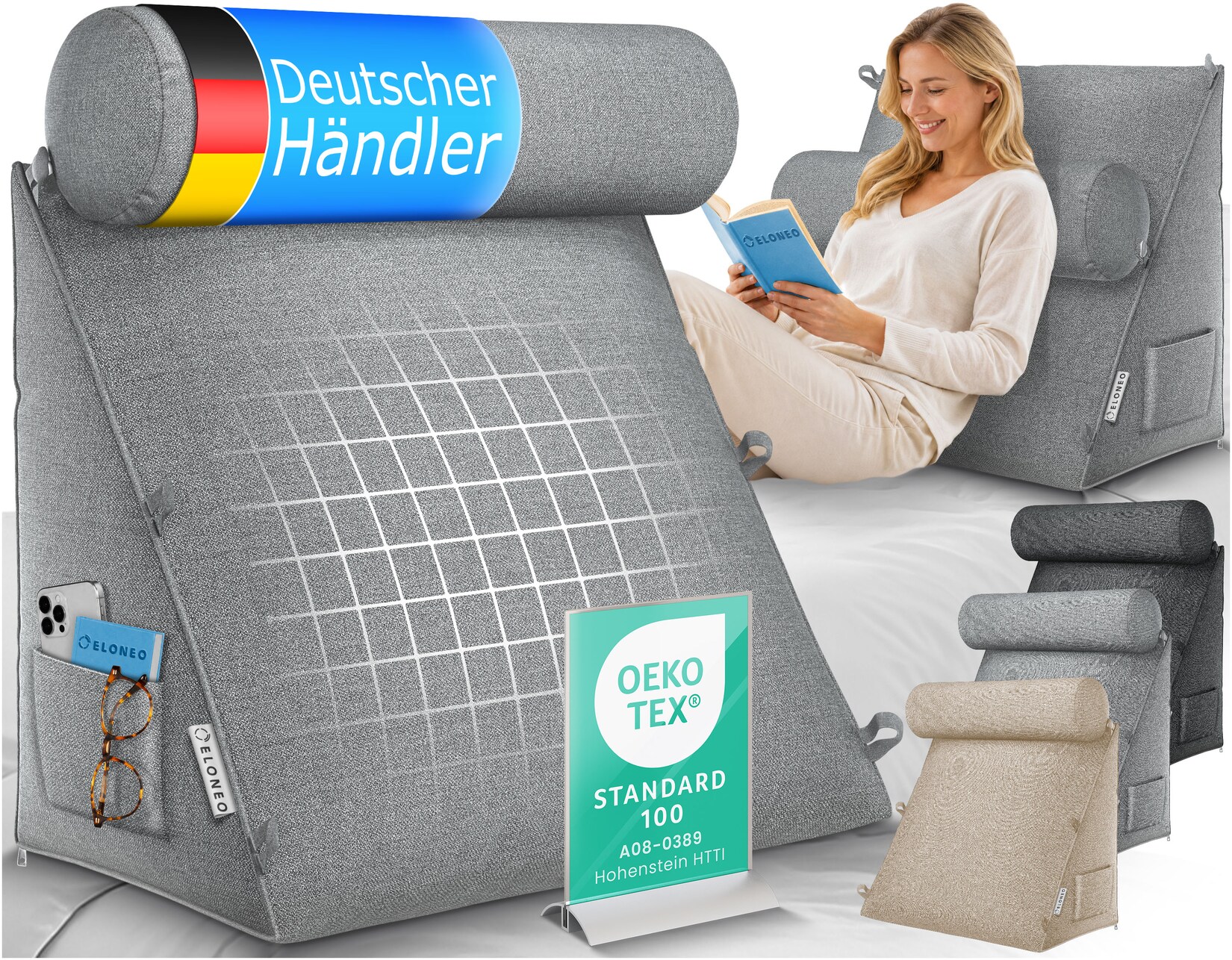 ELONEO Rückenkissen Grau 50 cm breit mit Verstellbarer und Abnehmbarer Nackenrolle, Keilkissen für Bett und Sofa geeignet, dreieckiges Lesekissen, Kissen mit waschbarem Bezug, praktisches Seitenfach