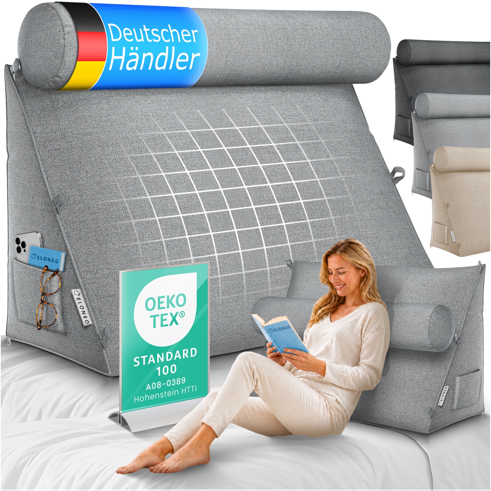 ELONEO Rückenkissen Grau 70 cm breit mit Verstellbarer und Abnehmbarer Nackenrolle, Keilkissen für Bett und Sofa geeignet, dreieckiges Lesekissen, Kissen mit waschbarem Bezug, praktisches Seitenfach