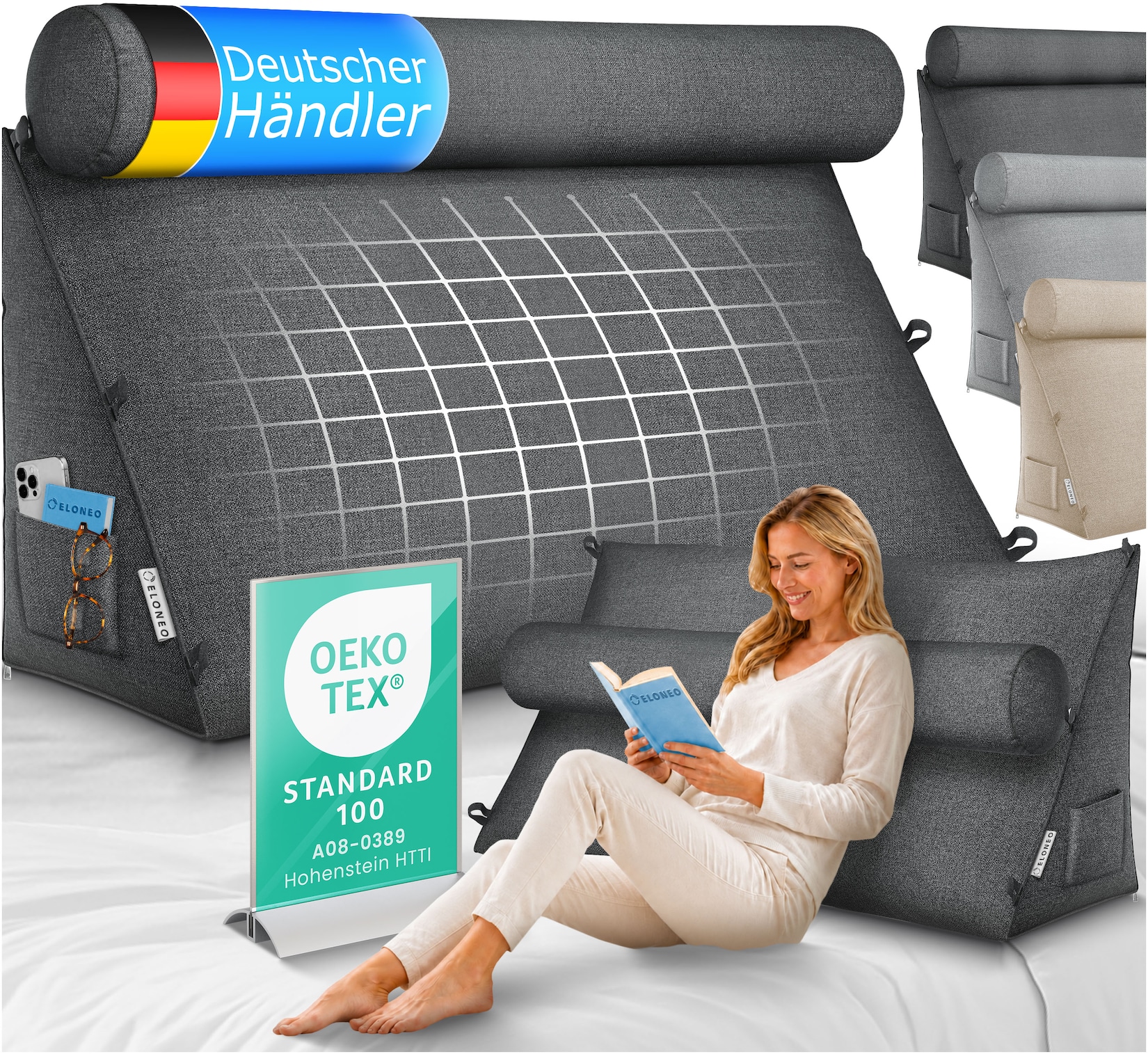 ELONEO Rückenkissen Anthrazit 90 cm breit mit Verstellbarer und Abnehmbarer Nackenrolle, Keilkissen für Bett und Sofa geeignet, dreieckiges Lesekissen, Kissen mit waschbarem Bezug, praktisches Seitenfach