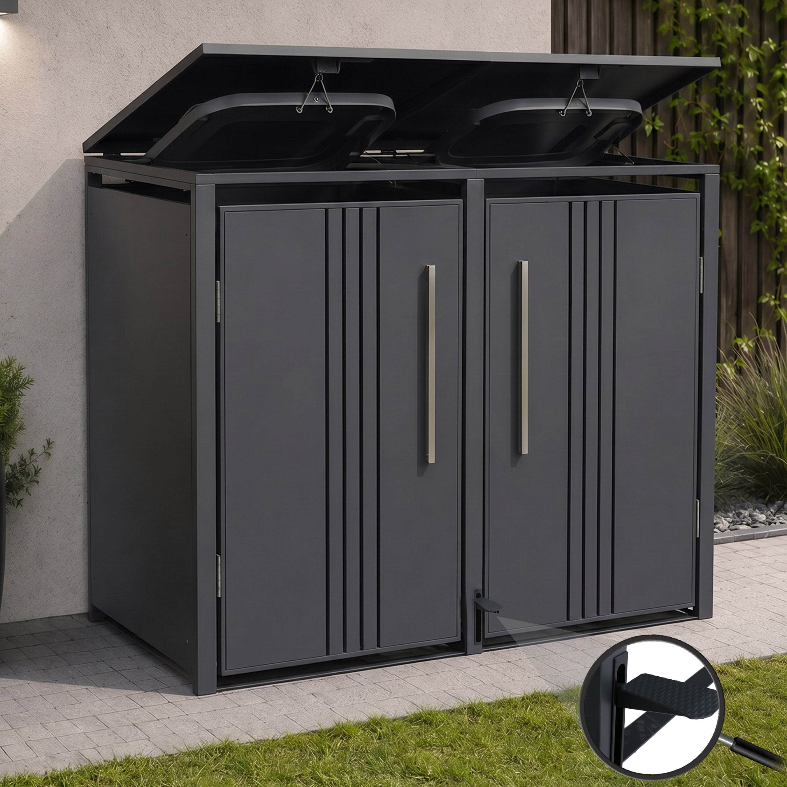 2er-M&uuml;lltonnenverkleidung MCW-Q76, M&uuml;lltonnenbox M&uuml;lltonnenhaus, Deckel Fu&szlig;pedal Metall 116x132x89cm 53kg ~ anthrazit 