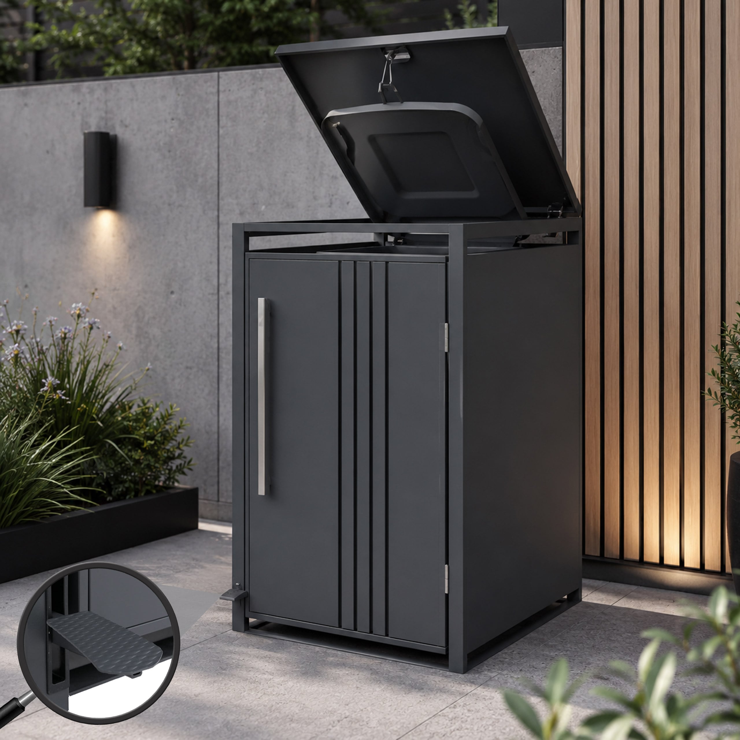 1er-M&uuml;lltonnenverkleidung MCW-Q76, M&uuml;lltonnenbox M&uuml;lltonnenhaus, Deckel Fu&szlig;pedal Metall 116x68x89cm 35kg ~ anthrazit 