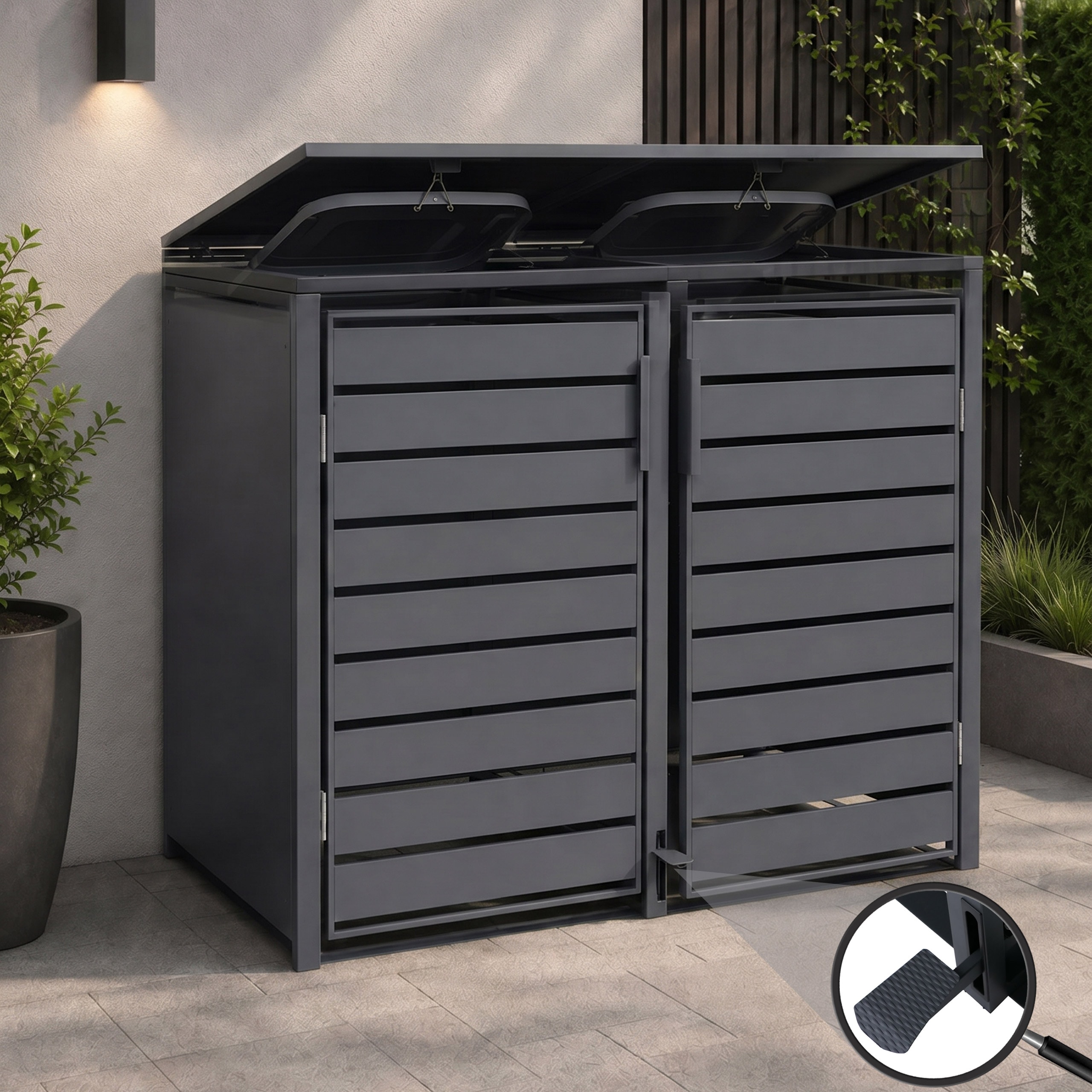 2er-M&uuml;lltonnenverkleidung MCW-Q75, M&uuml;lltonnenbox M&uuml;lltonnenhaus, Deckel Fu&szlig;pedal Metall 116x132x89cm 53kg ~ anthrazit 