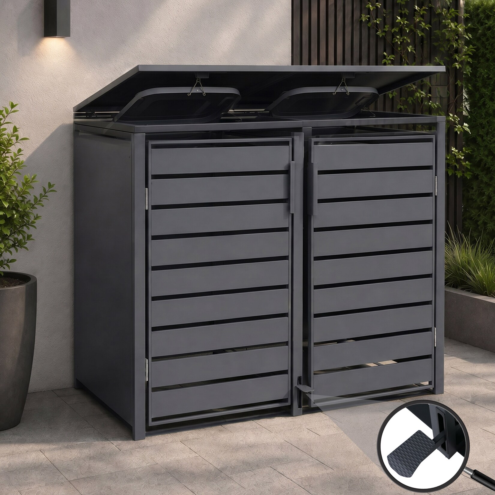 2er-Mülltonnenverkleidung MCW-Q75, Mülltonnenbox Mülltonnenhaus, Deckel Fußpedal Metall 116x132x89cm 53kg ~ anthrazit