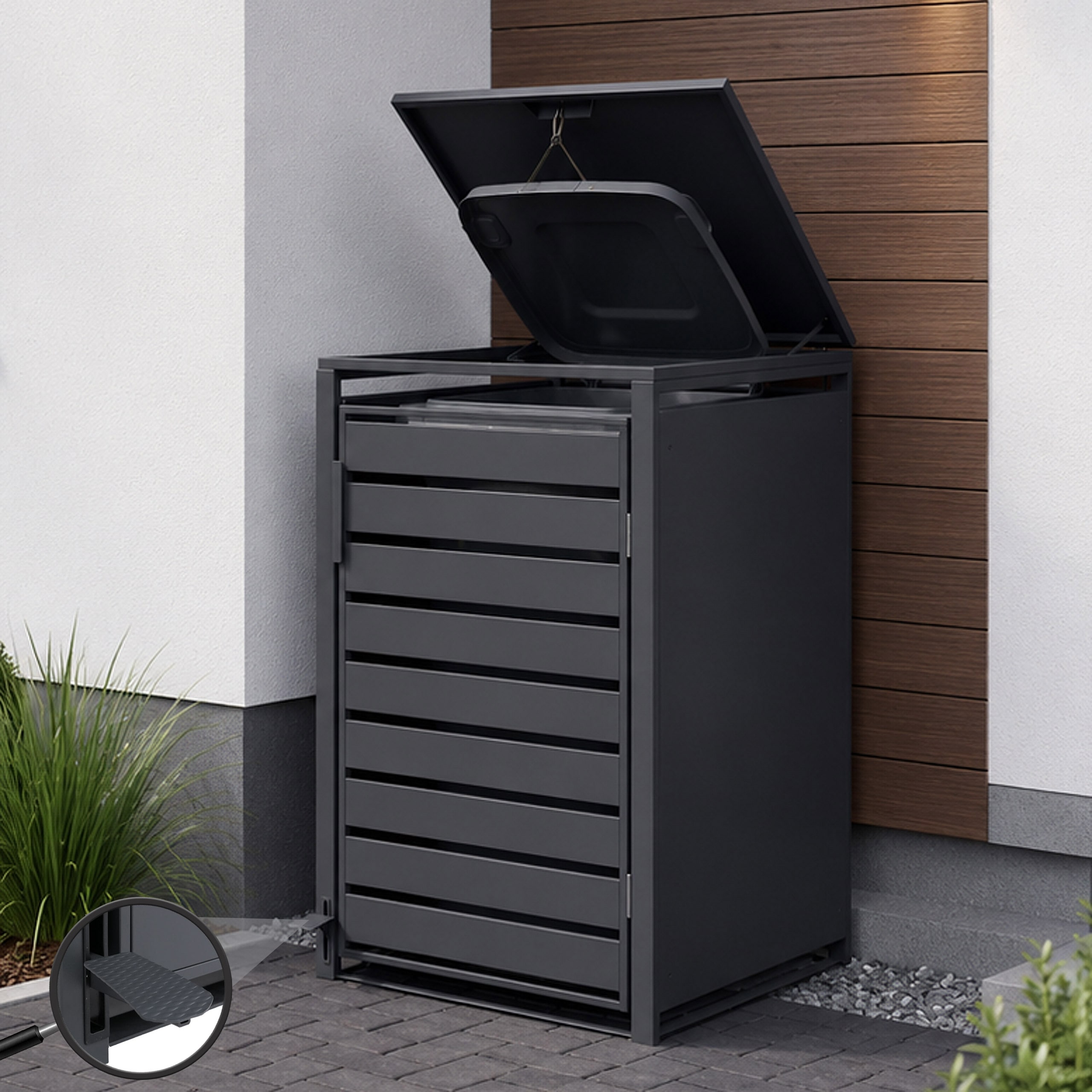 1er-M&uuml;lltonnenverkleidung MCW-Q75, M&uuml;lltonnenbox M&uuml;lltonnenhaus, Deckel Fu&szlig;pedal Metall 116x68x89cm 35kg ~ anthrazit 