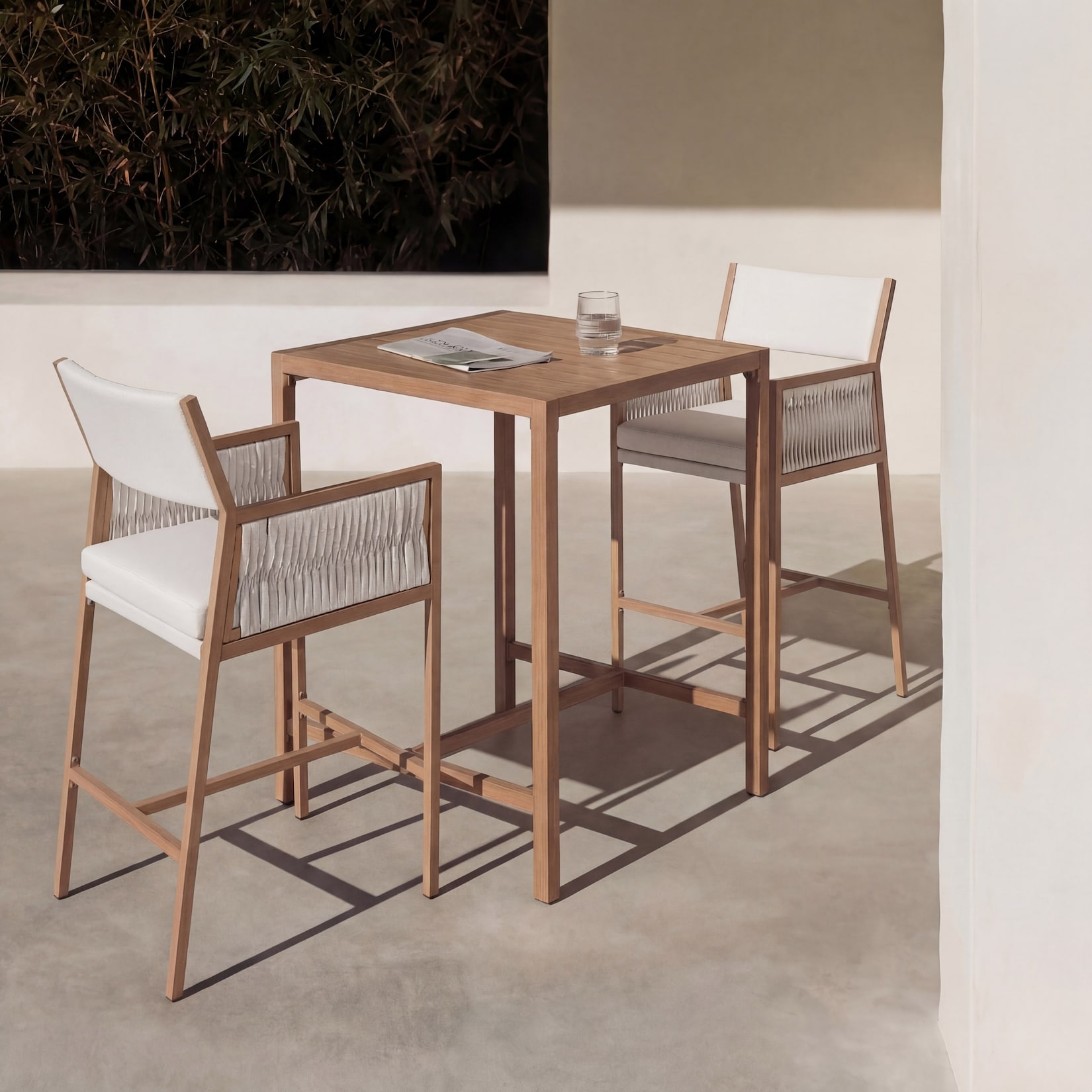 Set Bartisch + 2x Barhocker MCW-Q12, Barstuhl Stehtisch, Polyrattan Olefin (210 g/m²) ~ weiß