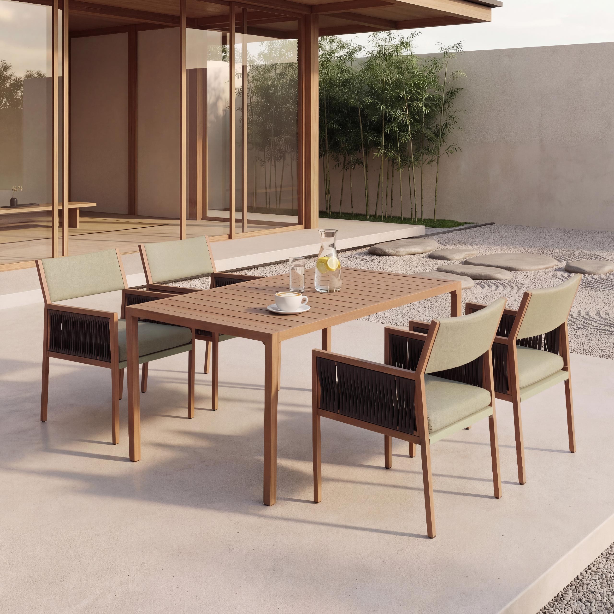 Garten-Essgarnitur MCW-Q12, Gartengarnitur Tisch+4xStuhl Sitzgruppe, Polyrattan Olefin (210 g/m&sup2;) ~ gr&uuml;n 