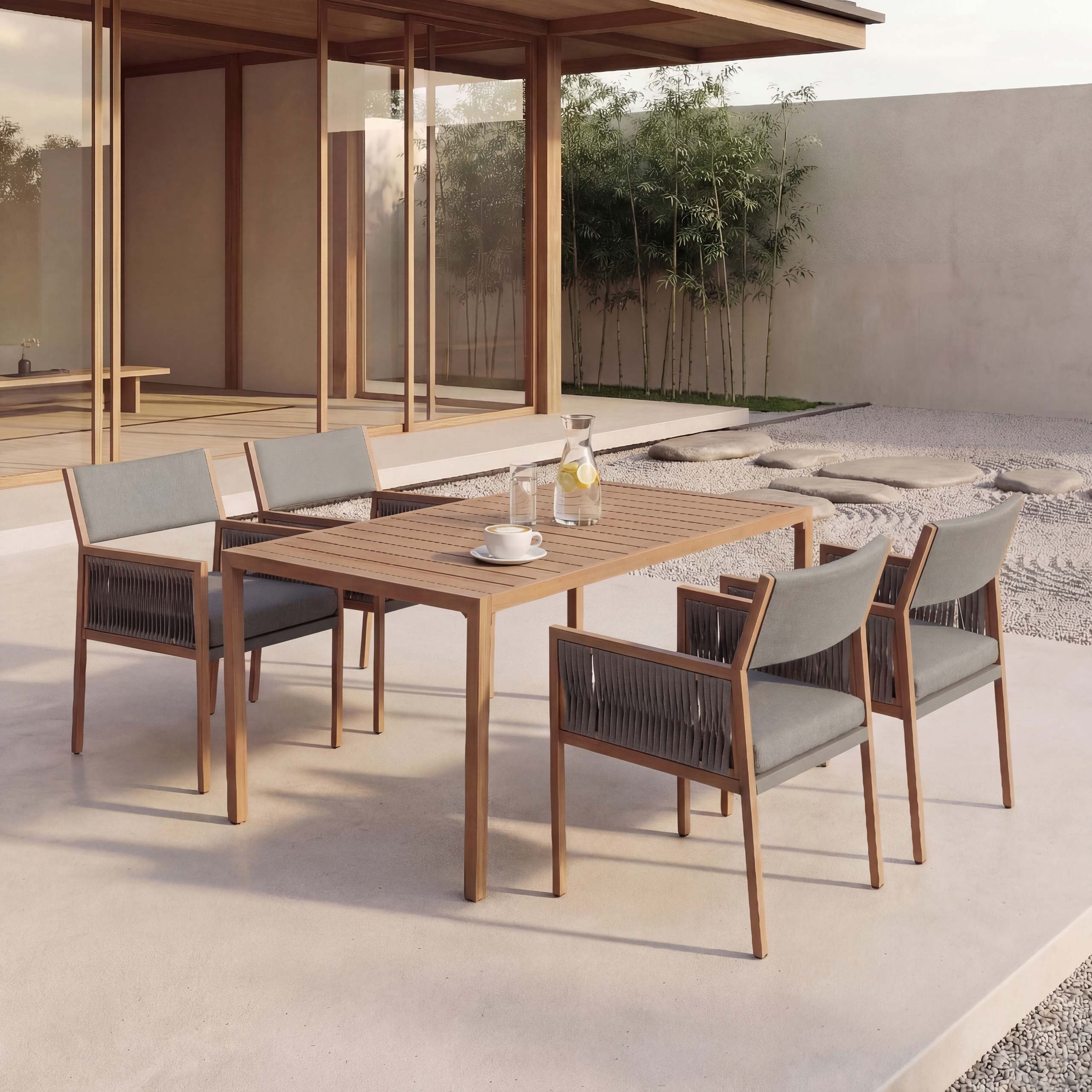 Garten-Essgarnitur MCW-Q12, Gartengarnitur Tisch+4xStuhl Sitzgruppe, Polyrattan Olefin (210 g/m&sup2;) ~ dunkelgrau 