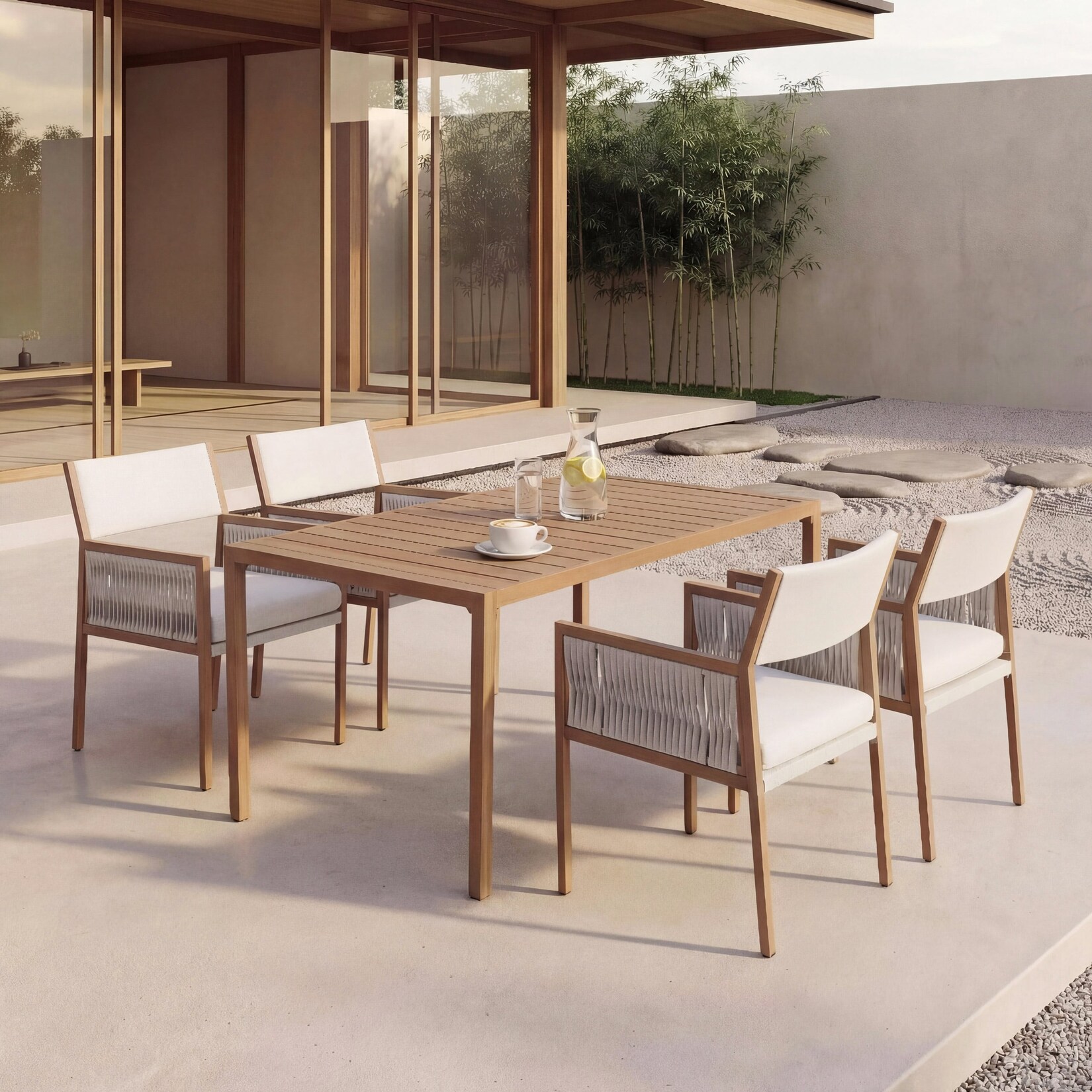 Garten-Essgarnitur MCW-Q12, Gartengarnitur Tisch+4xStuhl Sitzgruppe, Polyrattan Olefin (210 g/m²) ~ weiß