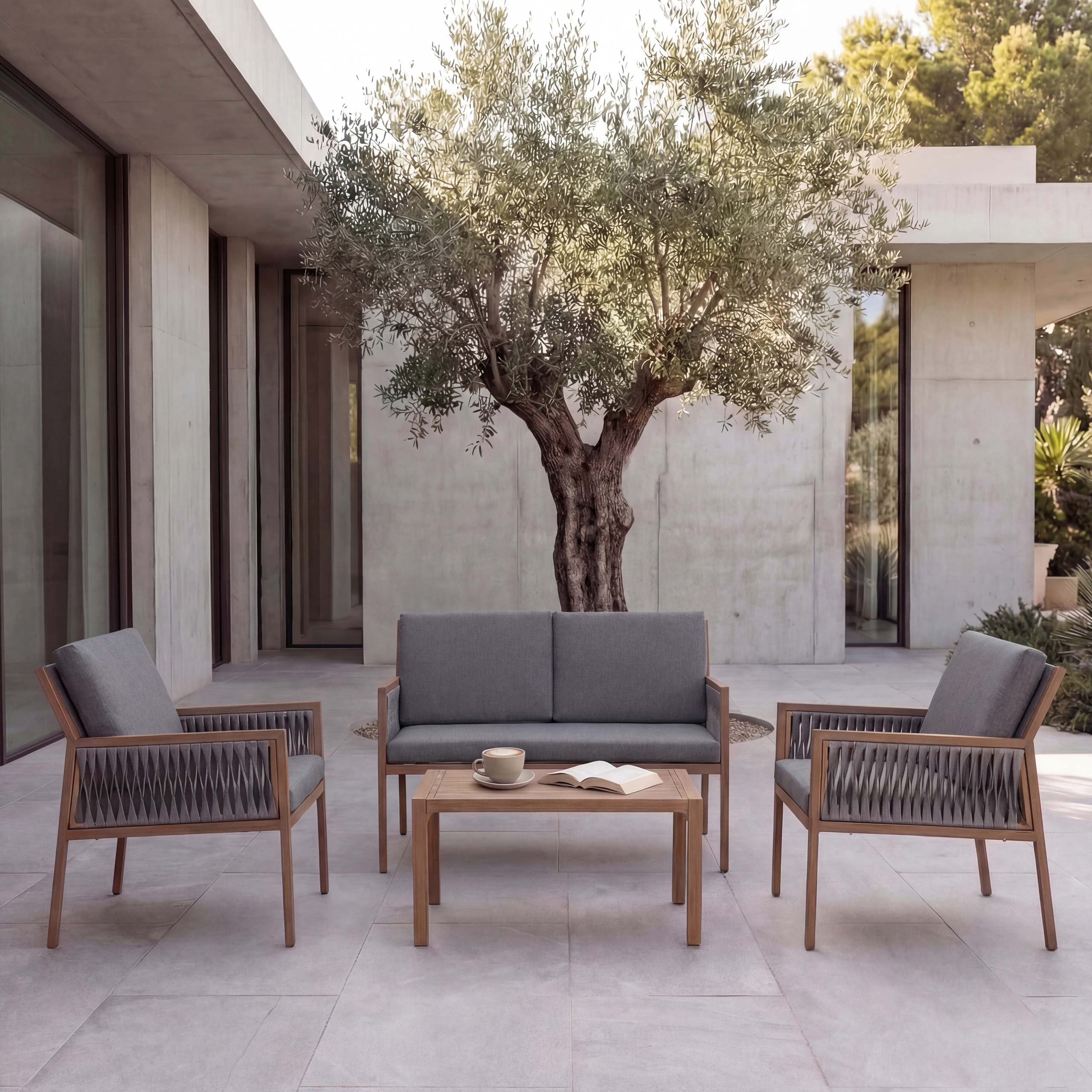 Garten-Garnitur MCW-Q12, Gartenlounge Lounge-Set Sitzgruppe Sofa, Polyrattan Olefin (210 g/m&sup2;) ~ dunkelgrau 