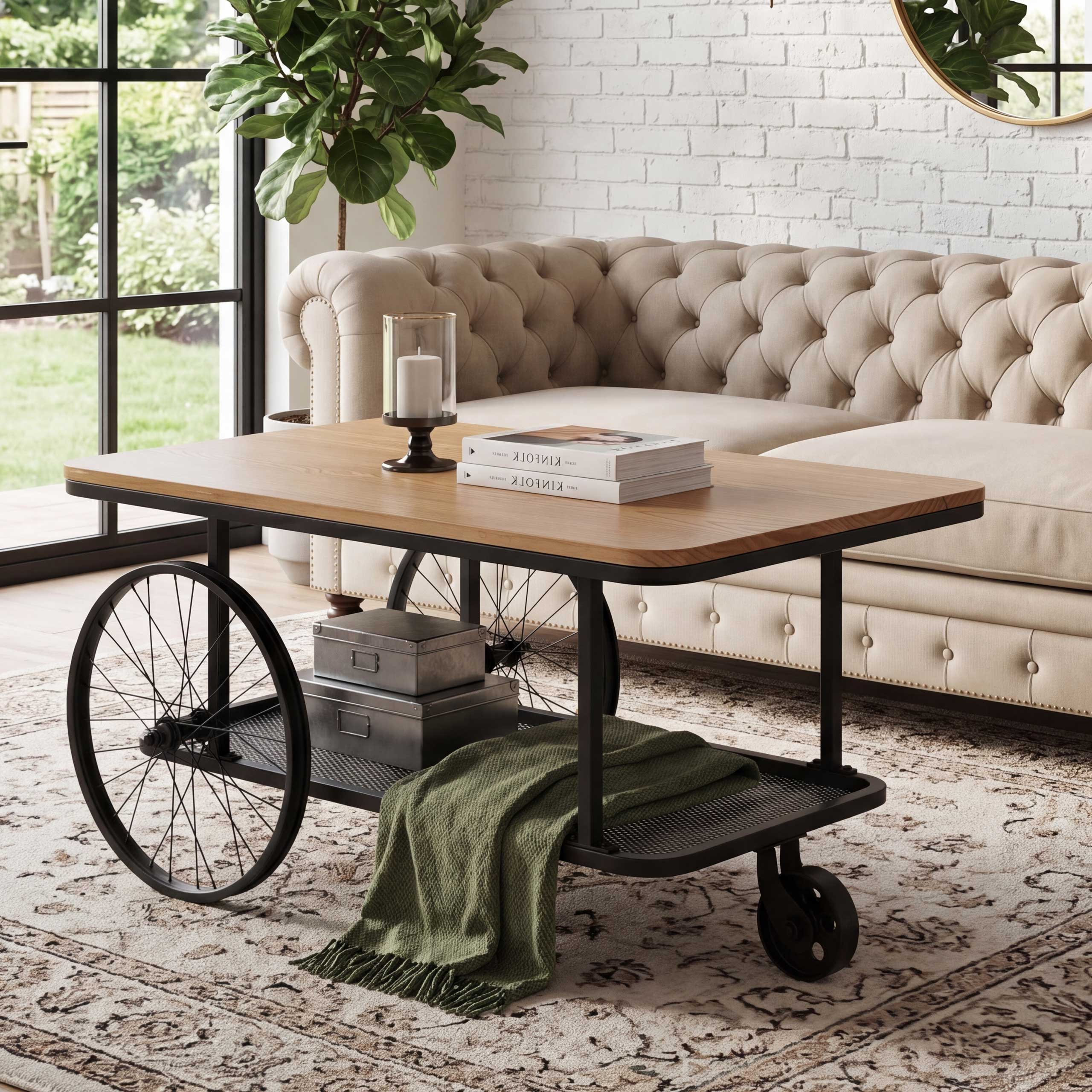 Couchtisch MCW-Q69, Beistelltisch Sofatisch, Reifen Industrial Retro Holz, 54x100x60cm ~ natur, schwarz 