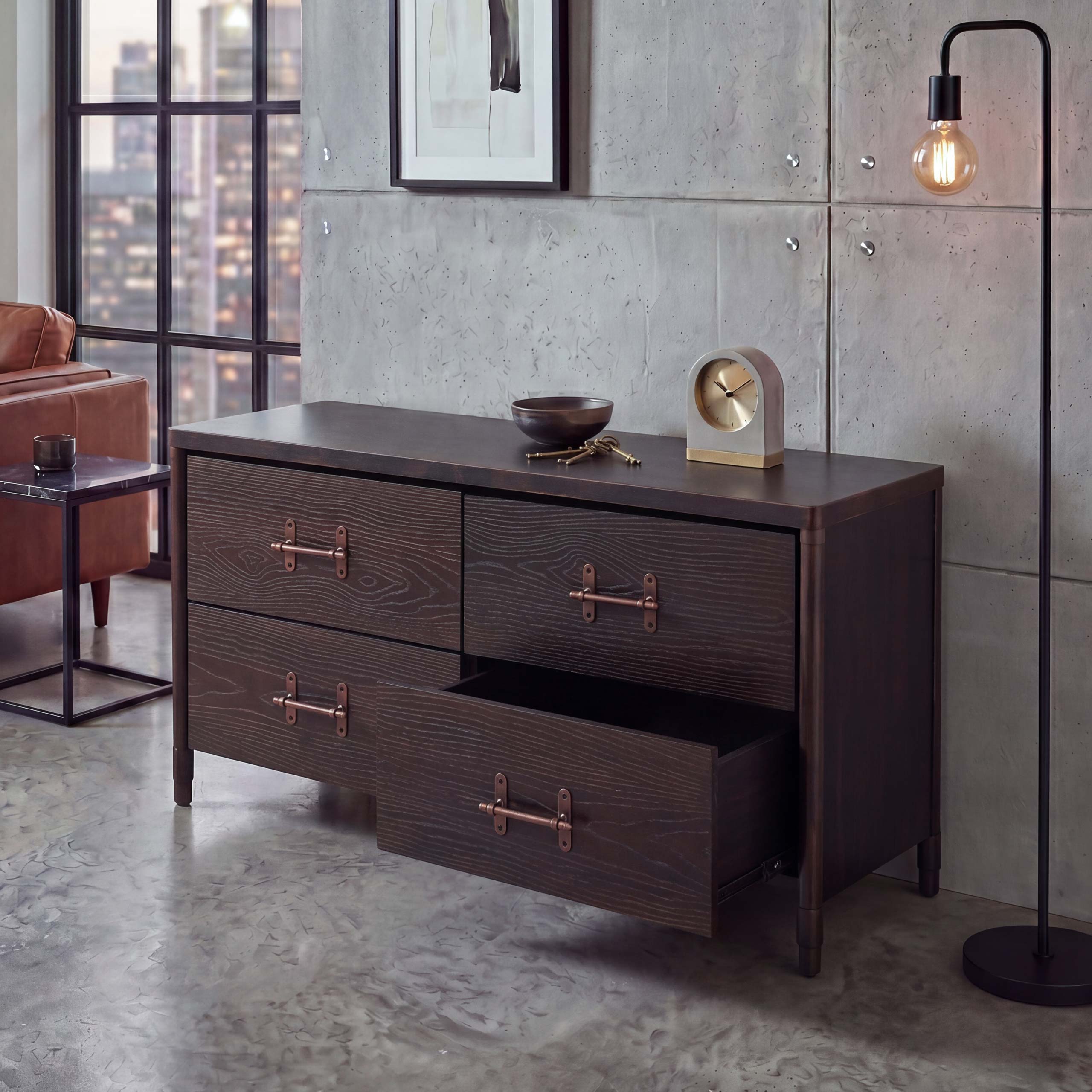 Kommode MCW-Q66, Sideboard Schrank Anrichte, Schubladen&nbsp;Industrial 60x120x40cm ~ Holz schwarz, Metall kupferfarben 