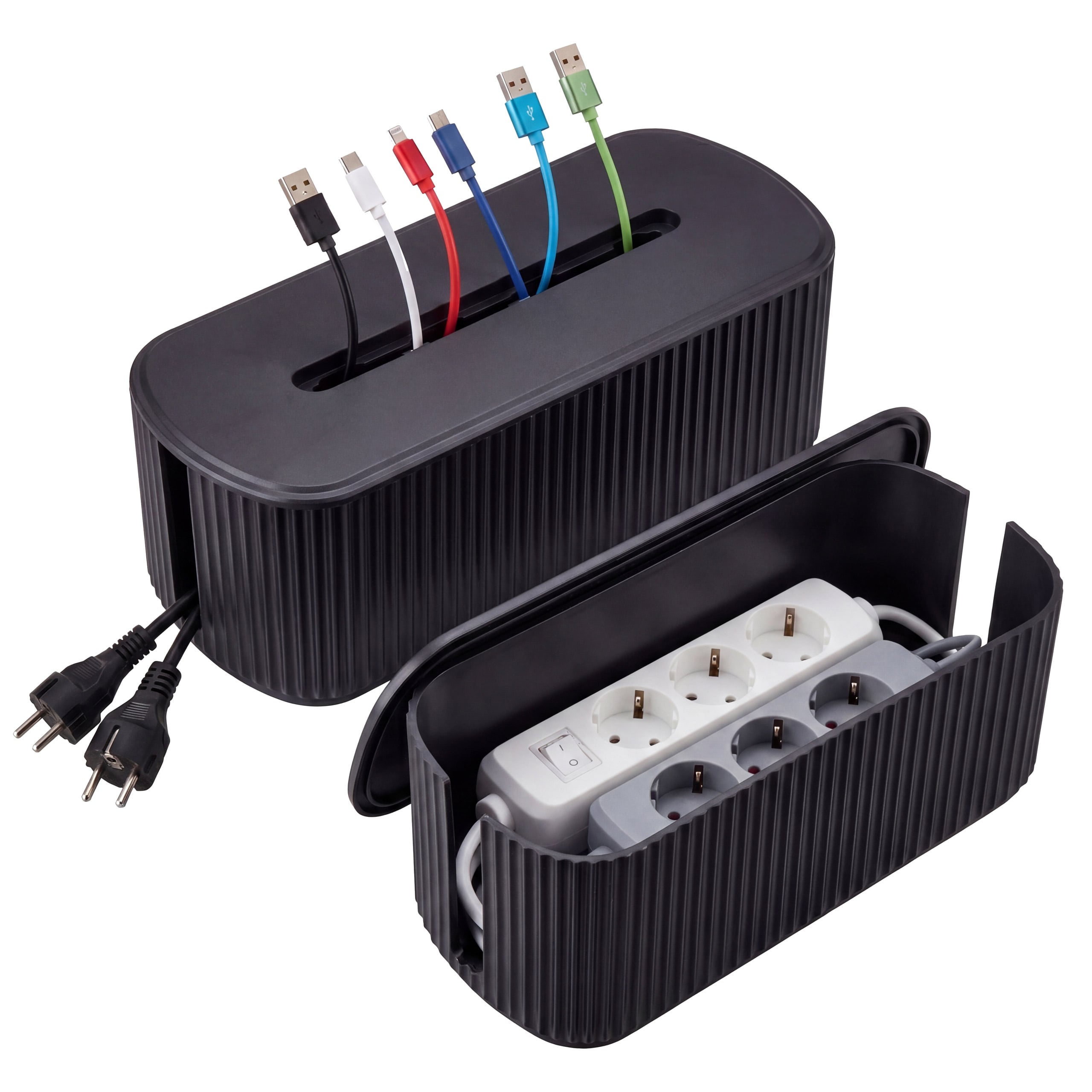 2er-Set Kabelboxen MCW-Q73, Aufbewahrungsbox Kabelorganizer Kabelmanagement Box, Deckel Kunststoff ~ schwarz 