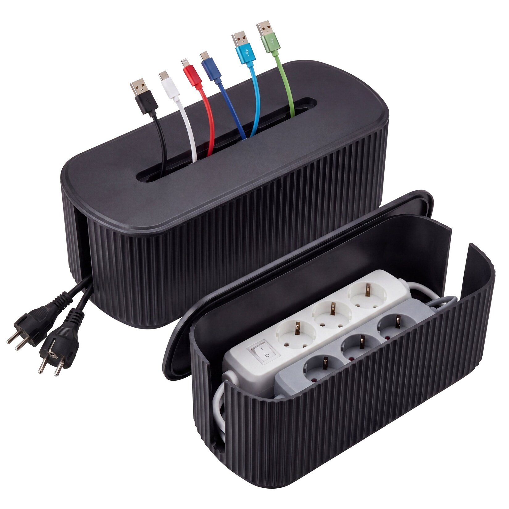 2er-Set Kabelboxen MCW-Q73, Aufbewahrungsbox Kabelorganizer Kabelmanagement Box, Deckel Kunststoff ~ schwarz