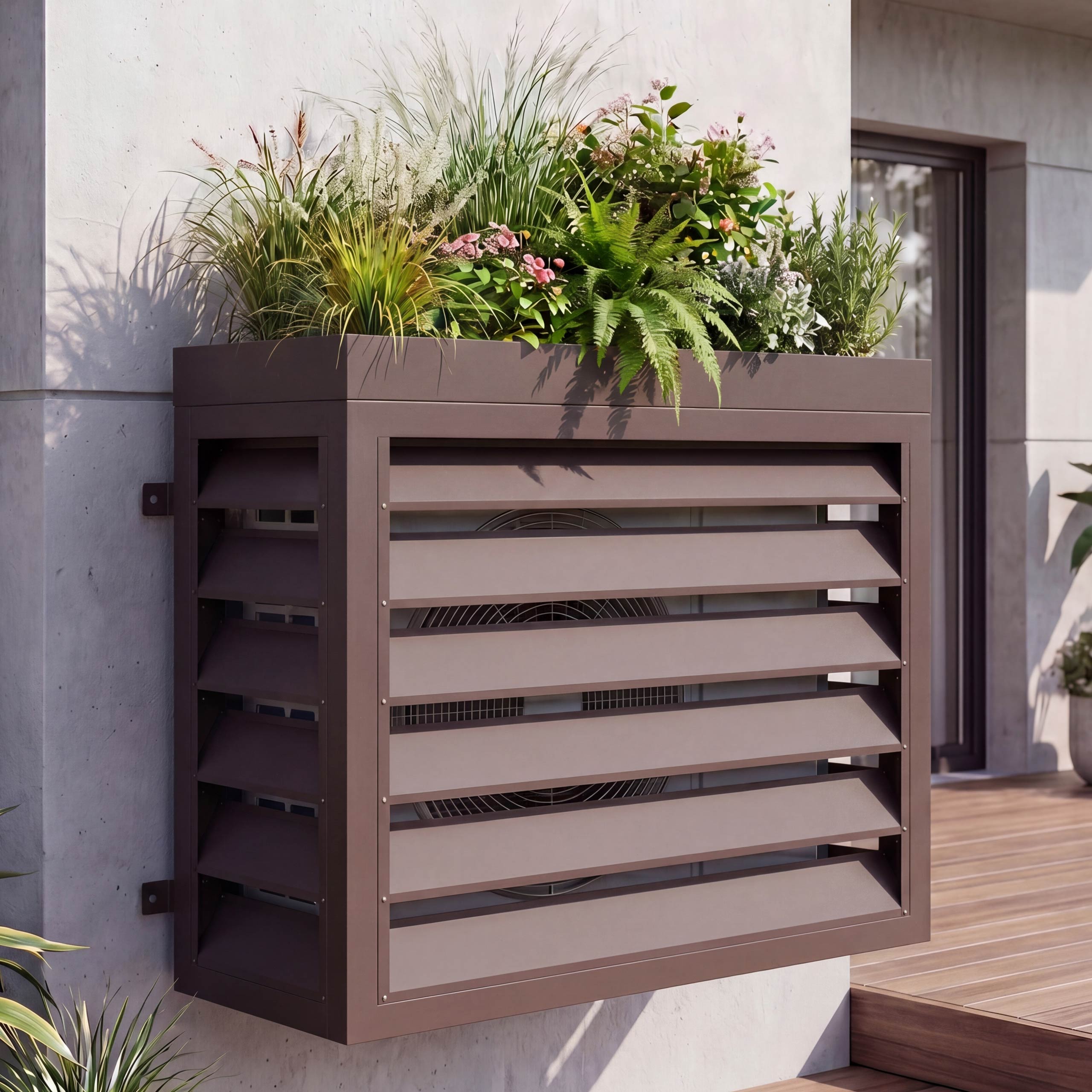 Verkleidung f&uuml;r Klimaanlage/W&auml;rmetauscher MCW-O43 mit Pflanzkasten, Abdeckung, Metall 80x97x38cm ~ dunkelbraun 