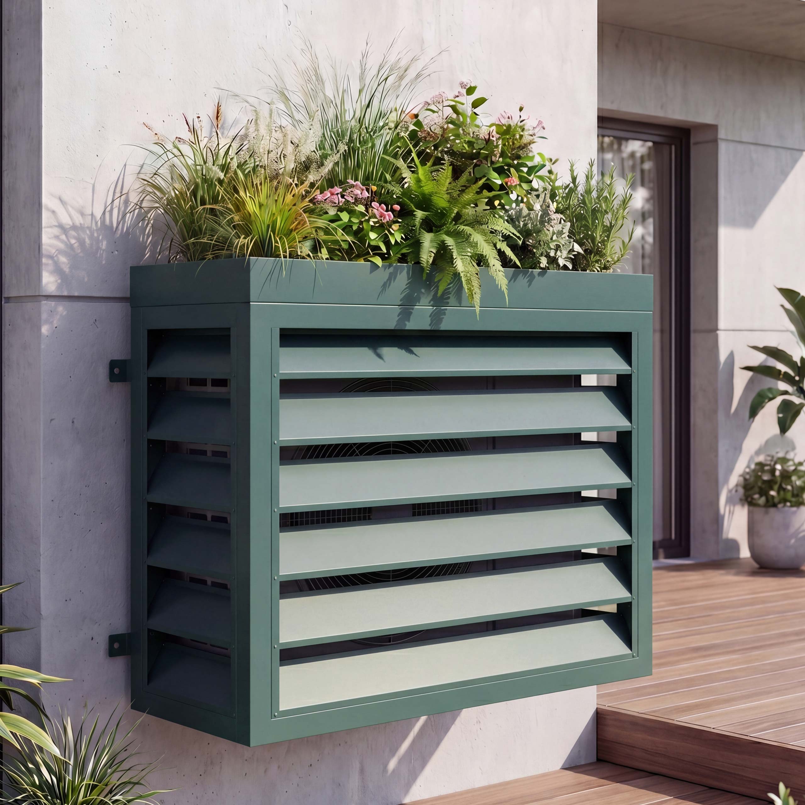 Verkleidung f&uuml;r Klimaanlage/W&auml;rmetauscher MCW-O43 mit Pflanzkasten, Abdeckung, Metall 80x97x38cm ~ gr&uuml;n 