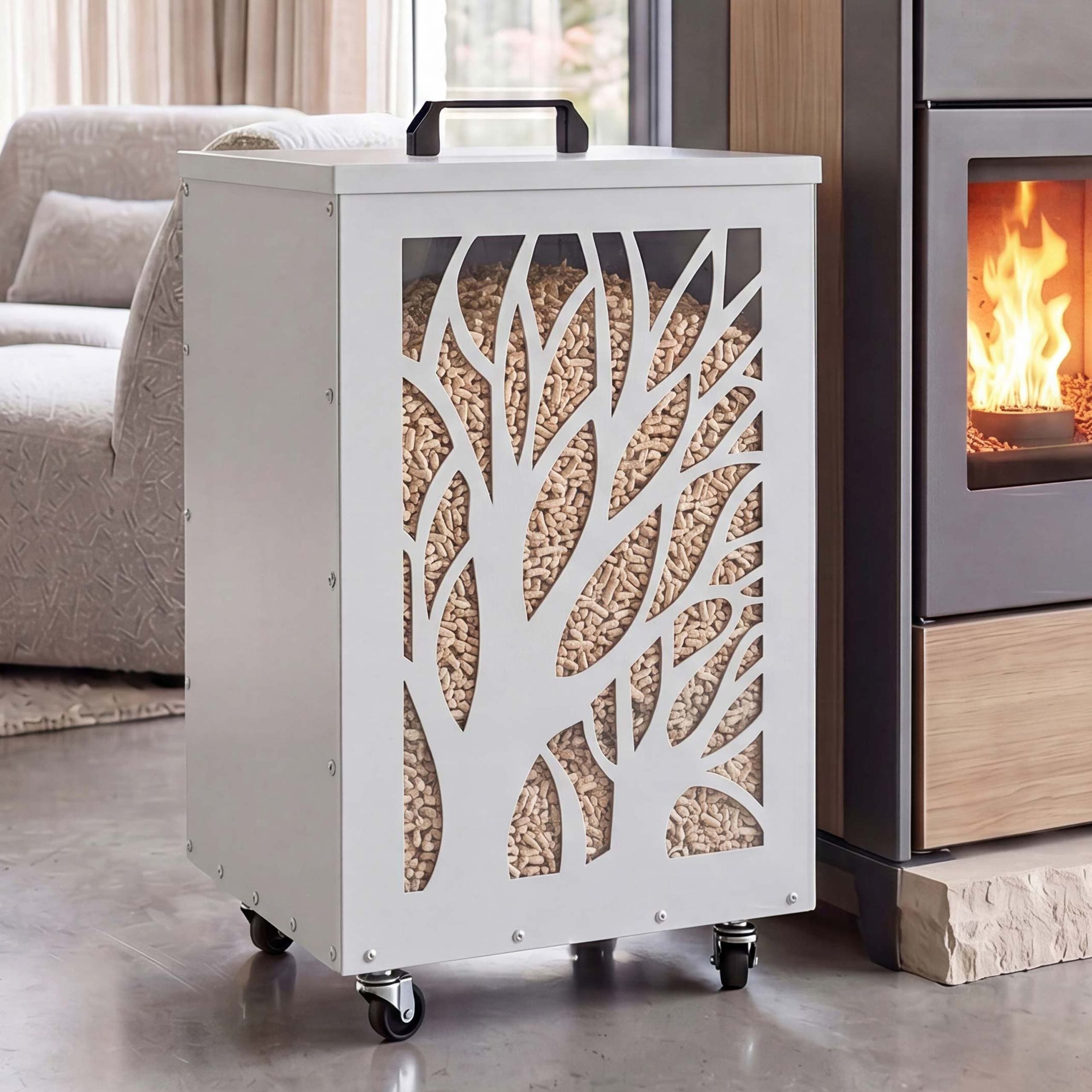 Pelletbeh&auml;lter MCW-Q30 B&auml;ume,&nbsp;Pelletbox Aufbewahrungsbox f&uuml;r z.B. Tierfutter, Rollen F&uuml;&szlig;e 64x36x36cm ~ wei&szlig;-hellgrau 