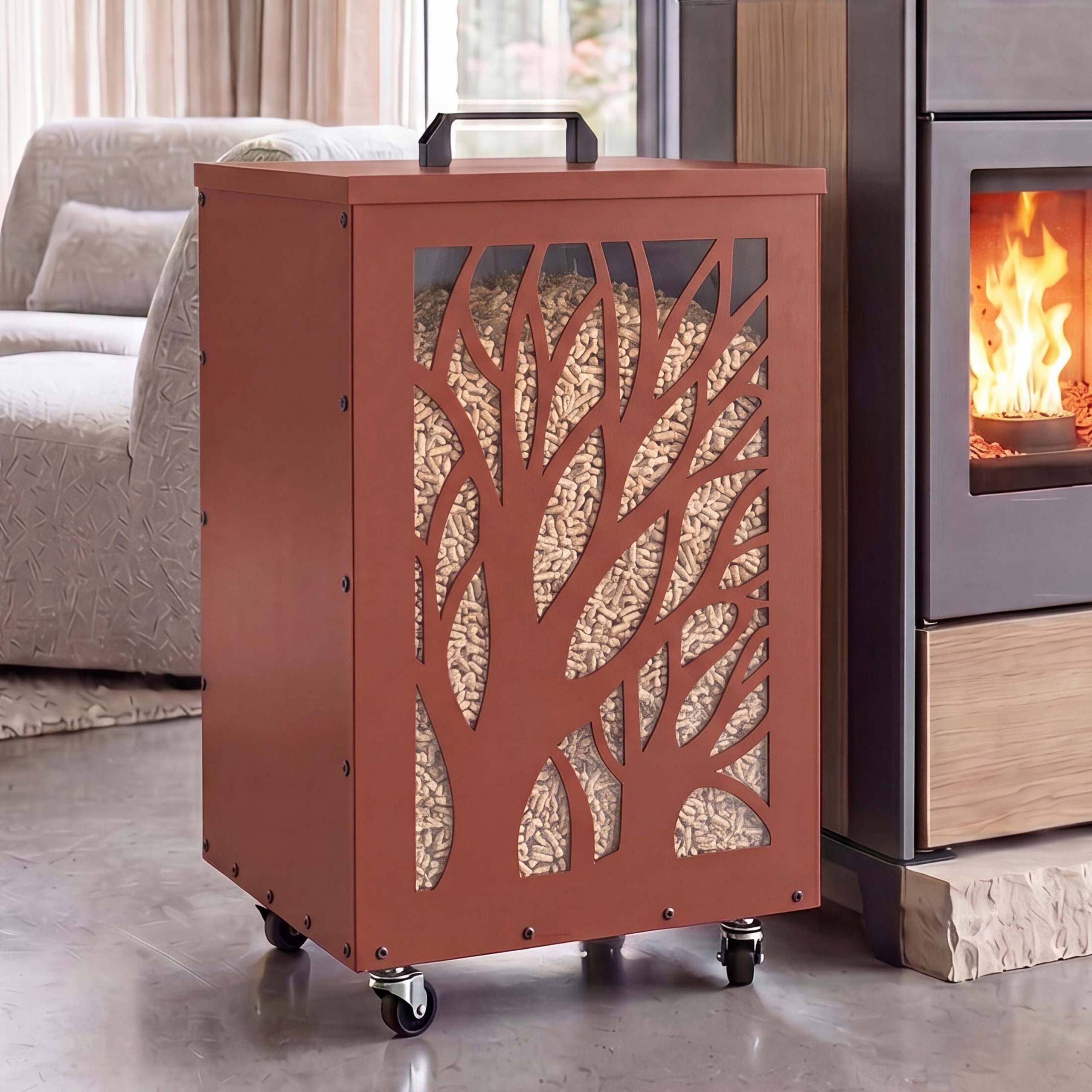 Pelletbeh&auml;lter MCW-Q30 B&auml;ume,&nbsp;Pelletbox Aufbewahrungsbox f&uuml;r z.B. Tierfutter, Rollen F&uuml;&szlig;e 64x36x36cm ~ kupferfarben 