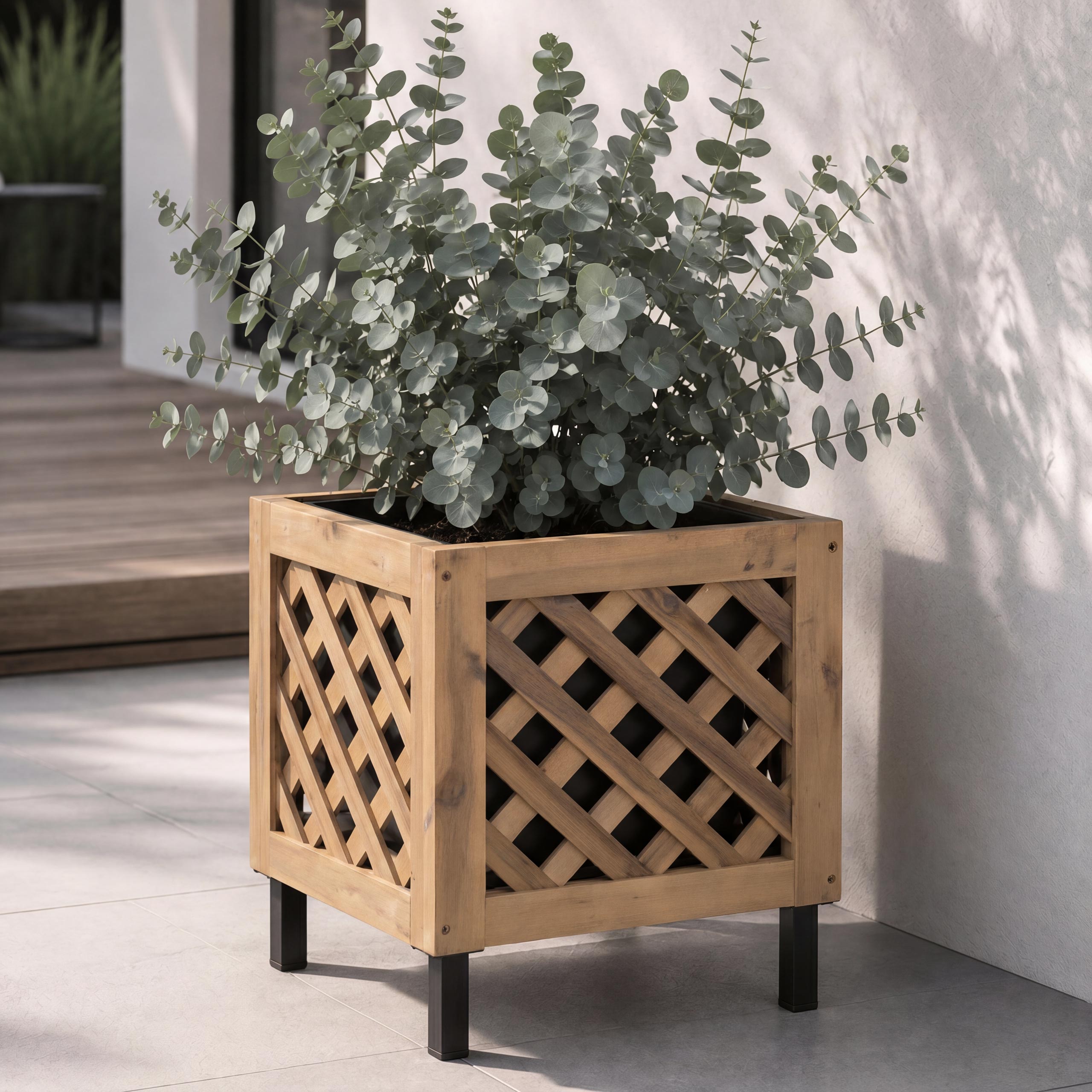 Pflanzkasten MCW-P86, Blumen-/Pflanzk&uuml;bel Blumenkasten, In-/Outdoor Akazie Holz MVG-zertifiziert 42x34x34cm ~ hellbraun 
