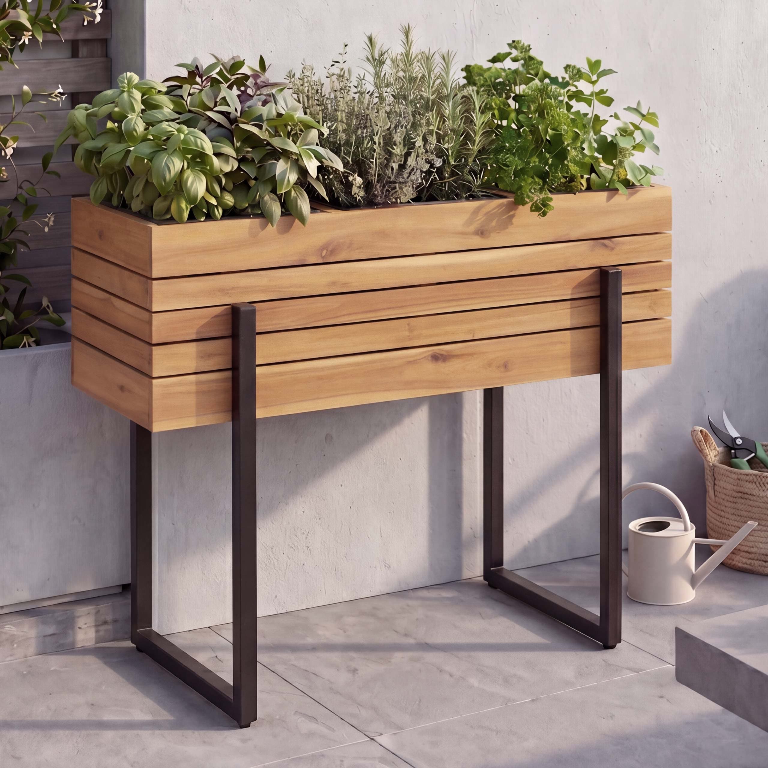 Hochbeet MCW-P85, Pflanzbeet Blumen-/Pflanzkasten Pflanzk&uuml;bel, Outdoor Metall Akazie Holz MVG 68x80x30cm ~ hellbraun 