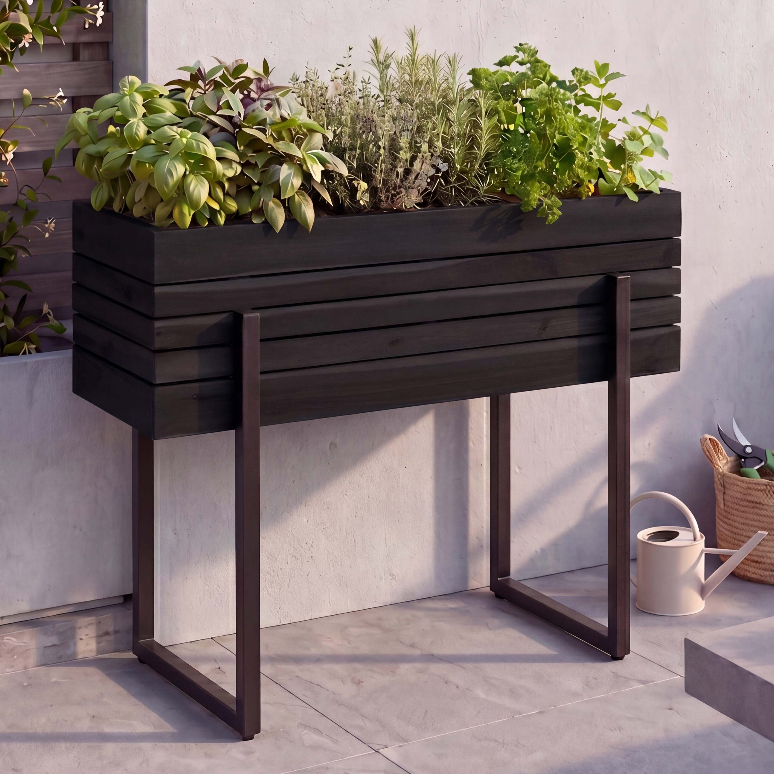 Hochbeet MCW-P85, Pflanzbeet Blumen-/Pflanzkasten Pflanzk&uuml;bel, Outdoor Metall Akazie Holz MVG 68x80x30cm ~ schwarz 