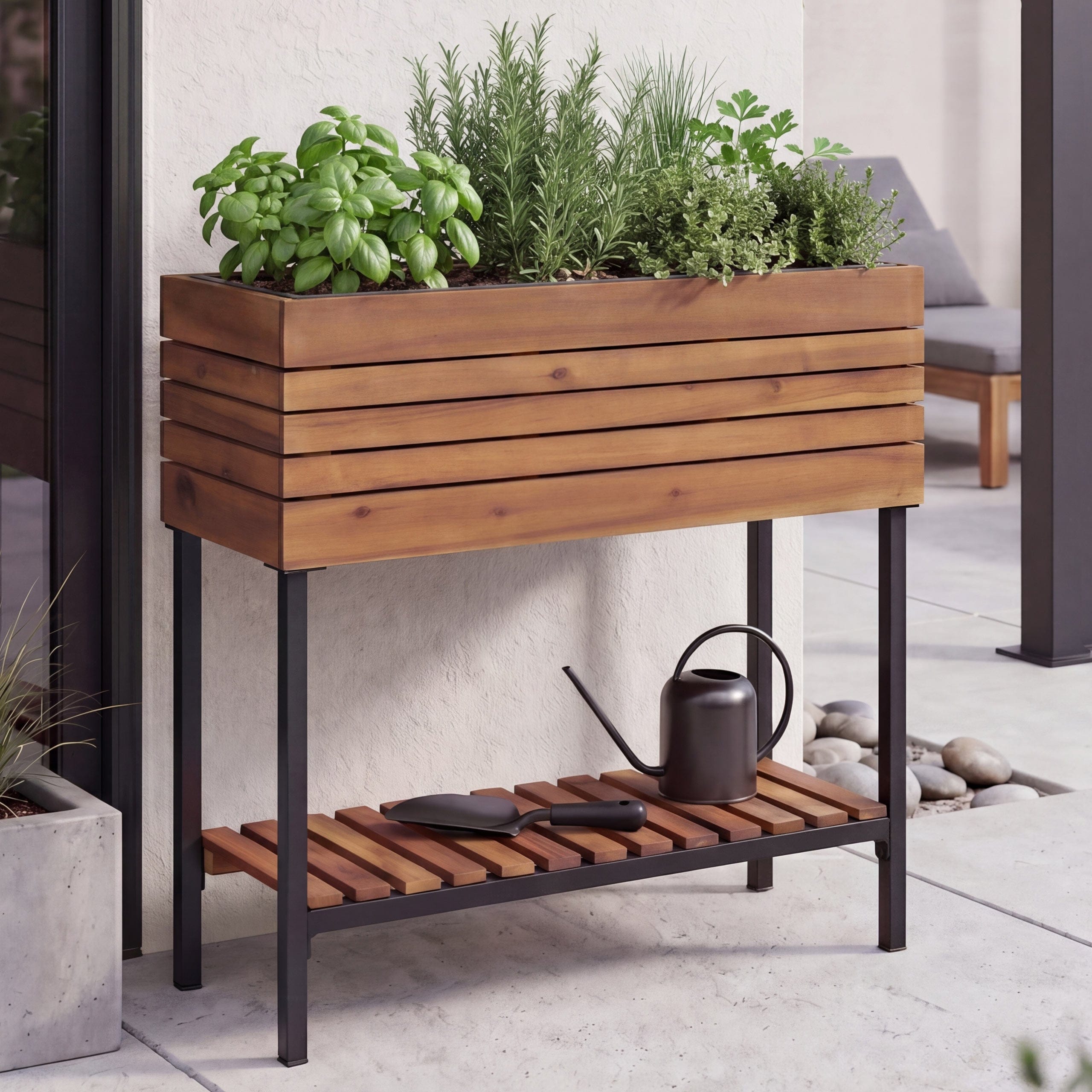 Hochbeet MCW-P84, Pflanzbeet Blumen-/Pflanzkasten Pflanzk&uuml;bel, Ablage Outdoor Akazie Holz MVG 79x80x31cm ~ hellbraun 