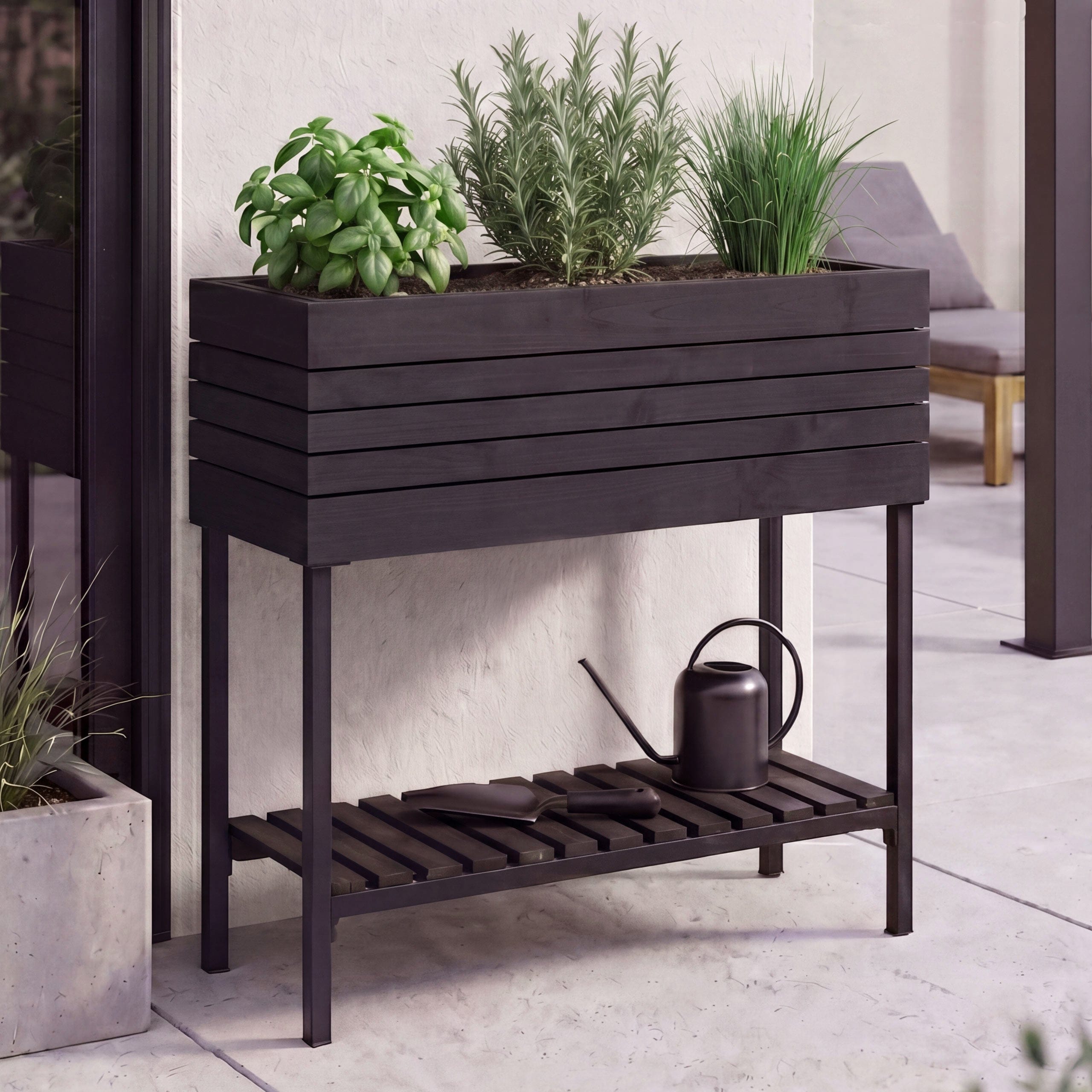 Hochbeet MCW-P84, Pflanzbeet Blumen-/Pflanzkasten Pflanzk&uuml;bel, Ablage Outdoor Akazie Holz MVG 79x80x31cm ~ schwarz 