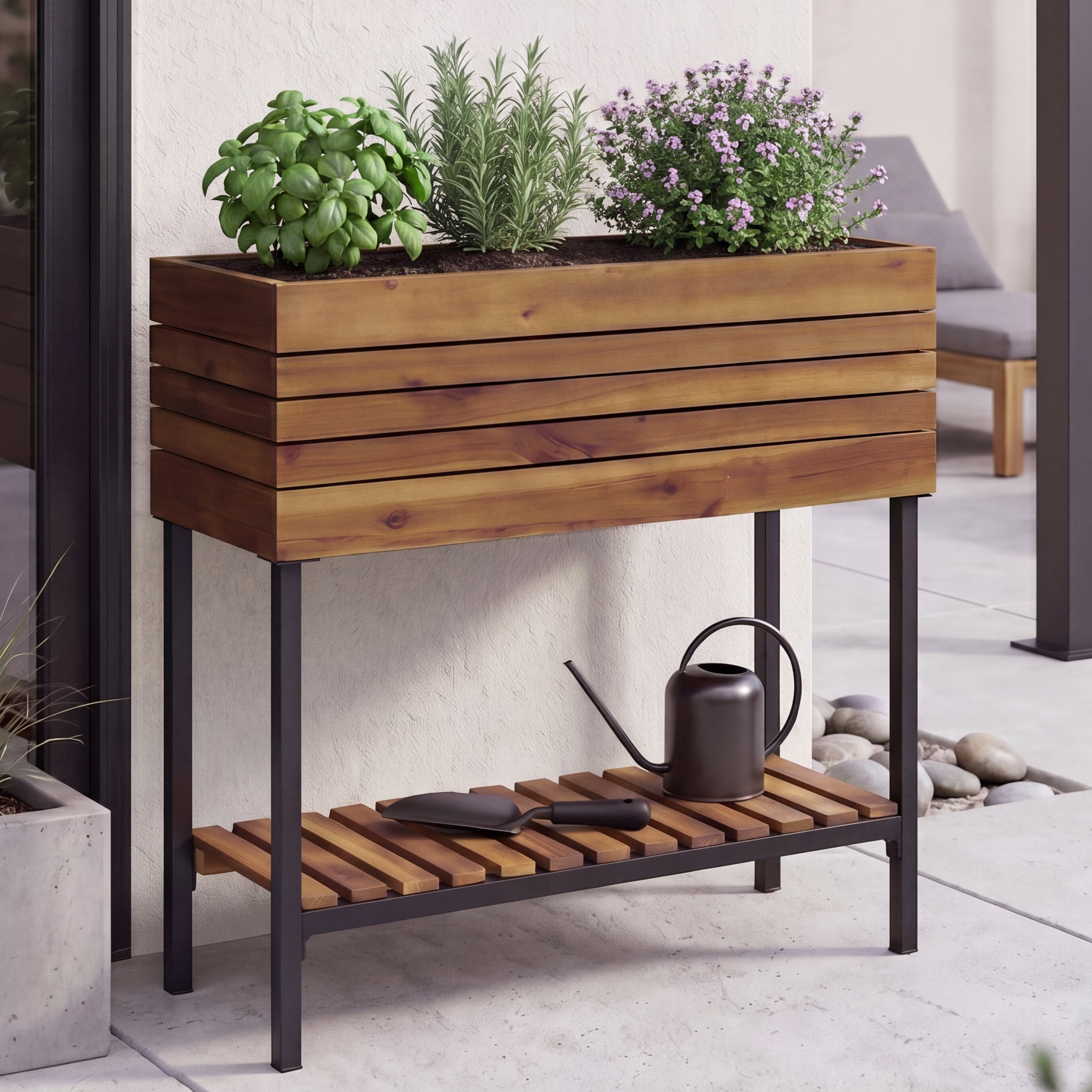 Hochbeet MCW-P84, Pflanzbeet Blumen-/Pflanzkasten Pflanzk&uuml;bel, Ablage Outdoor Akazie Holz MVG 79x80x31cm ~ braun 