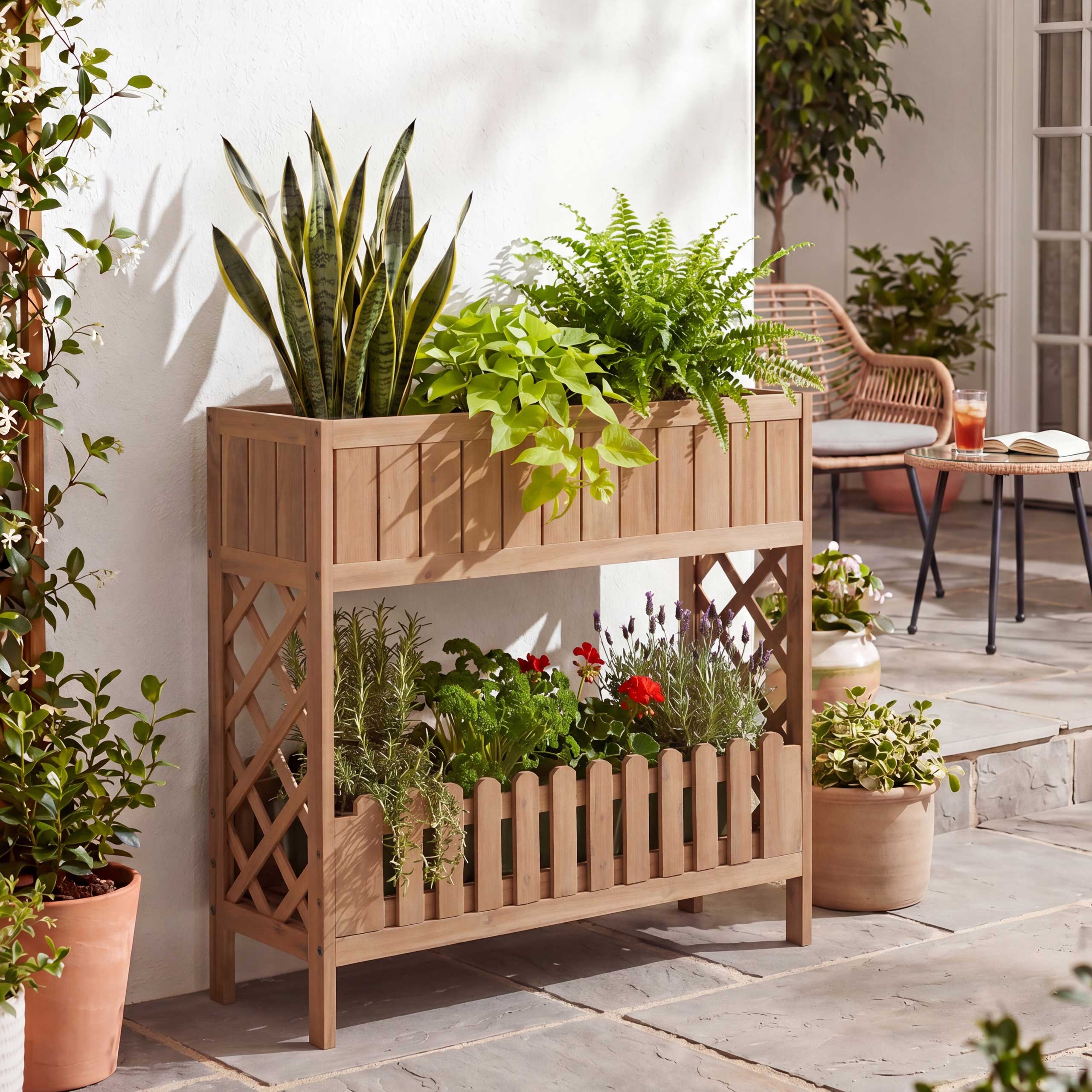 Hochbeet MCW-P83, Blumen-/Pflanzkasten Blumenregal Ablage,&nbsp;Outdoor Akazie Holz MVG-zertifiziert 90x95x31cm ~ hellbraun 