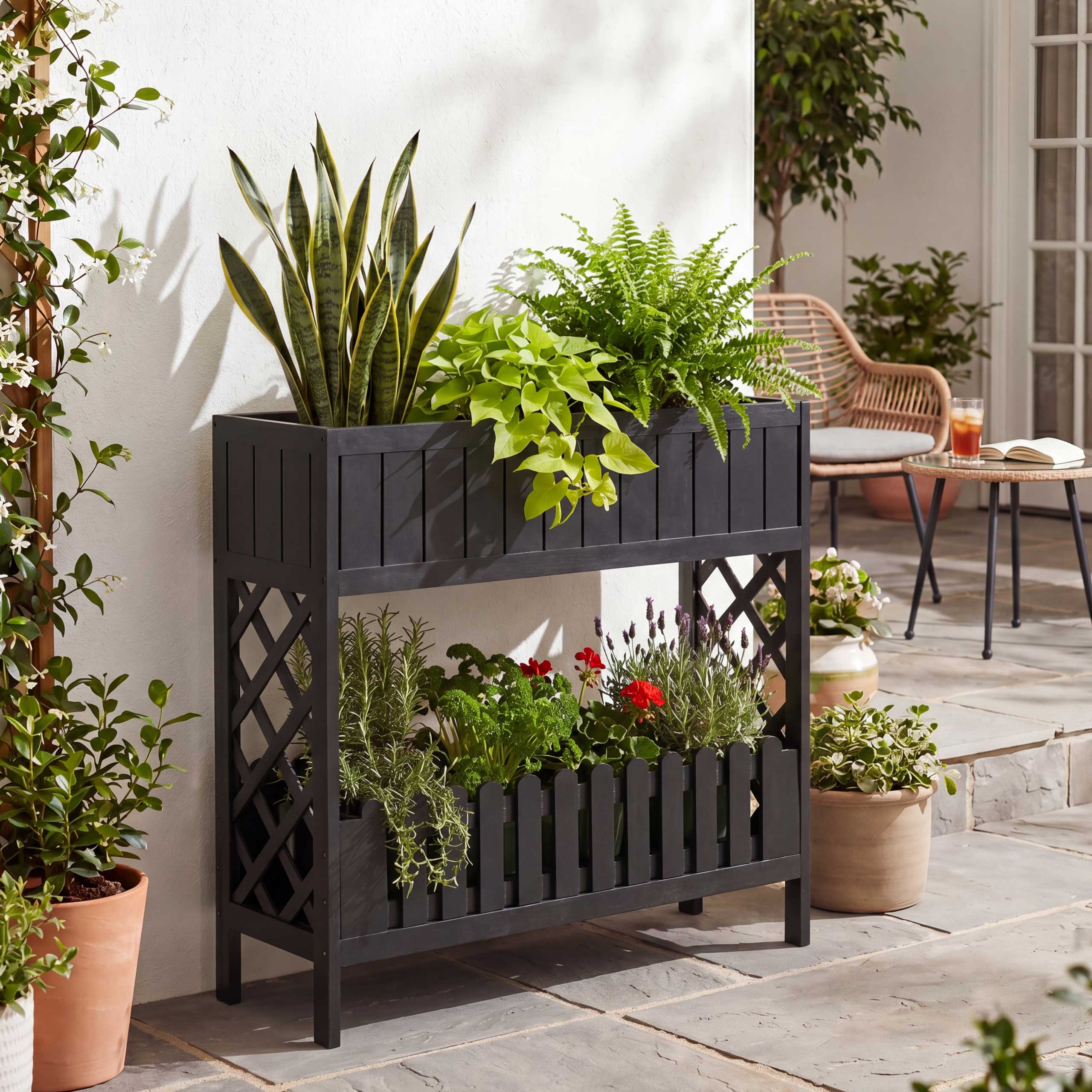 Hochbeet MCW-P83, Blumen-/Pflanzkasten Blumenregal Ablage,&nbsp;Outdoor Akazie Holz MVG-zertifiziert 90x95x31cm ~ schwarz 