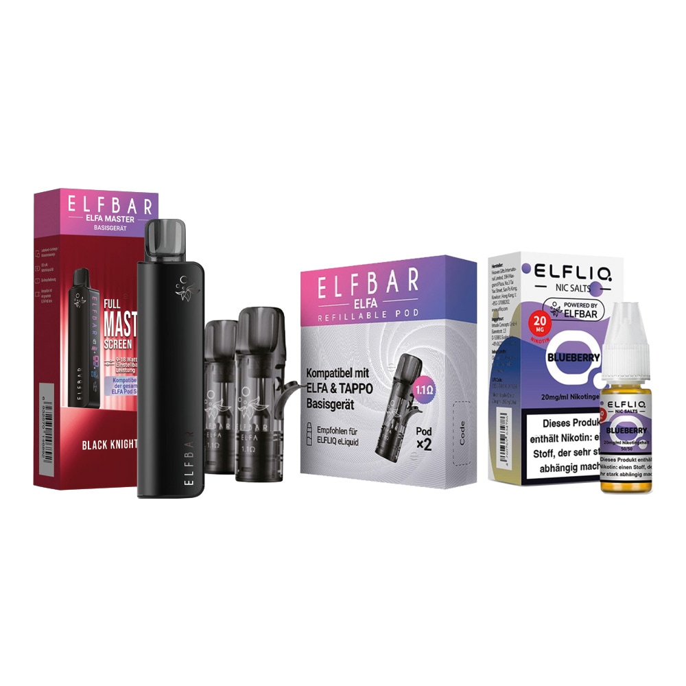 ELFBAR ELFA MASTER Basisger&auml;t - Black knight mit Refillable Pods 2er Pack und ELFBAR ELFLIQ - Blueberry Nicotine Salt Liquid 10ml 20mg 