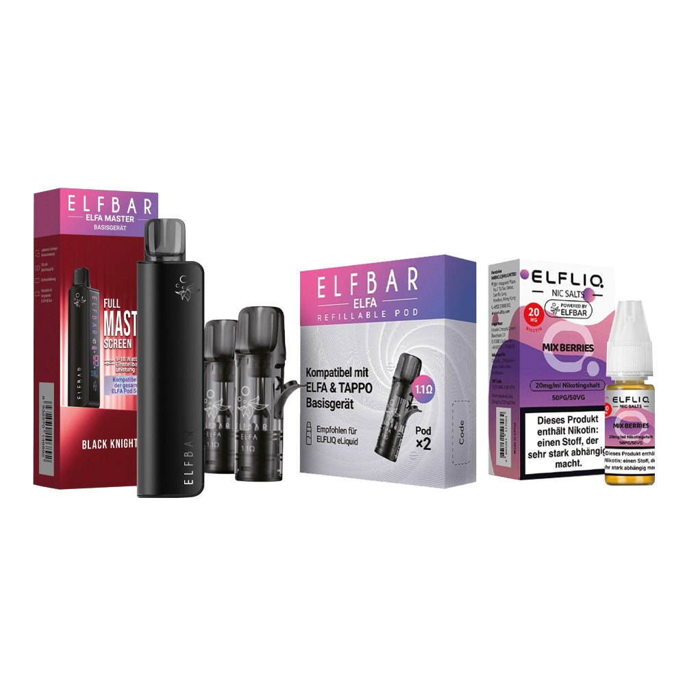 ELFBAR ELFA MASTER Basisger&auml;t - Black knight mit Refillable Pods 2er Pack und ELFBAR ELFLIQ - Mix Berries Nicotine Salt Liquid 10ml 20mg 