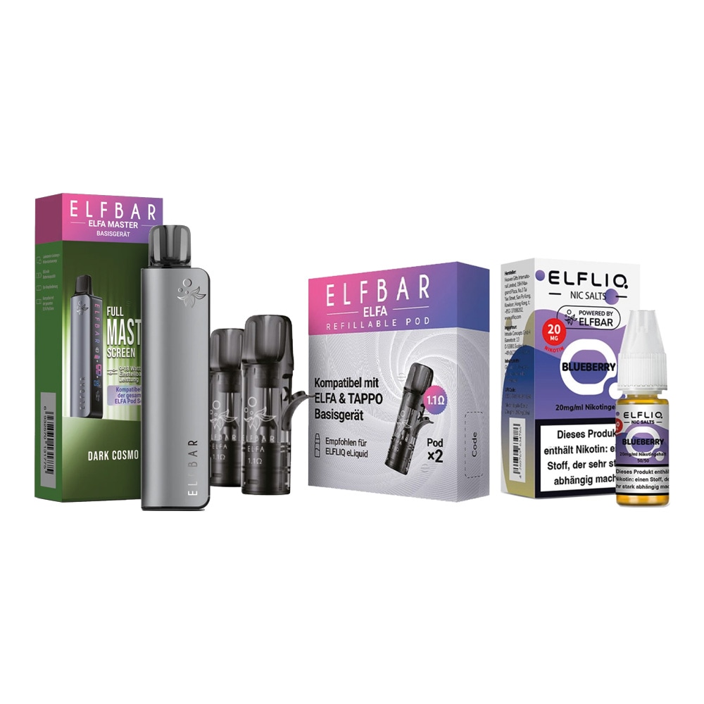 ELFBAR ELFA MASTER Basisger&auml;t - Dark Cosmo mit Refillable Pods 2er Pack und ELFBAR ELFLIQ - Blueberry Nicotine Salt Liquid 10ml 20mg 