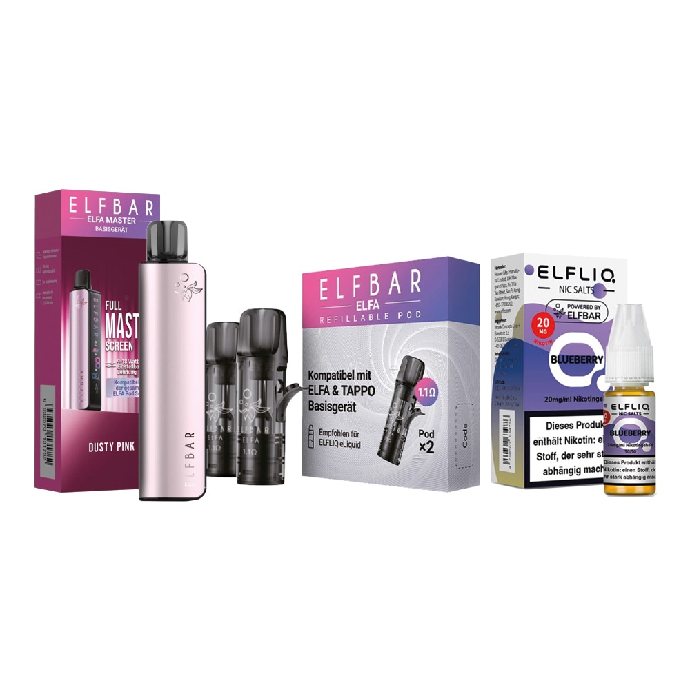 ELFBAR ELFA MASTER Basisger&auml;t - Dusty Pink mit Refillable Pods 2er Pack und ELFBAR ELFLIQ - Blueberry Nicotine Salt Liquid 10ml 20mg 