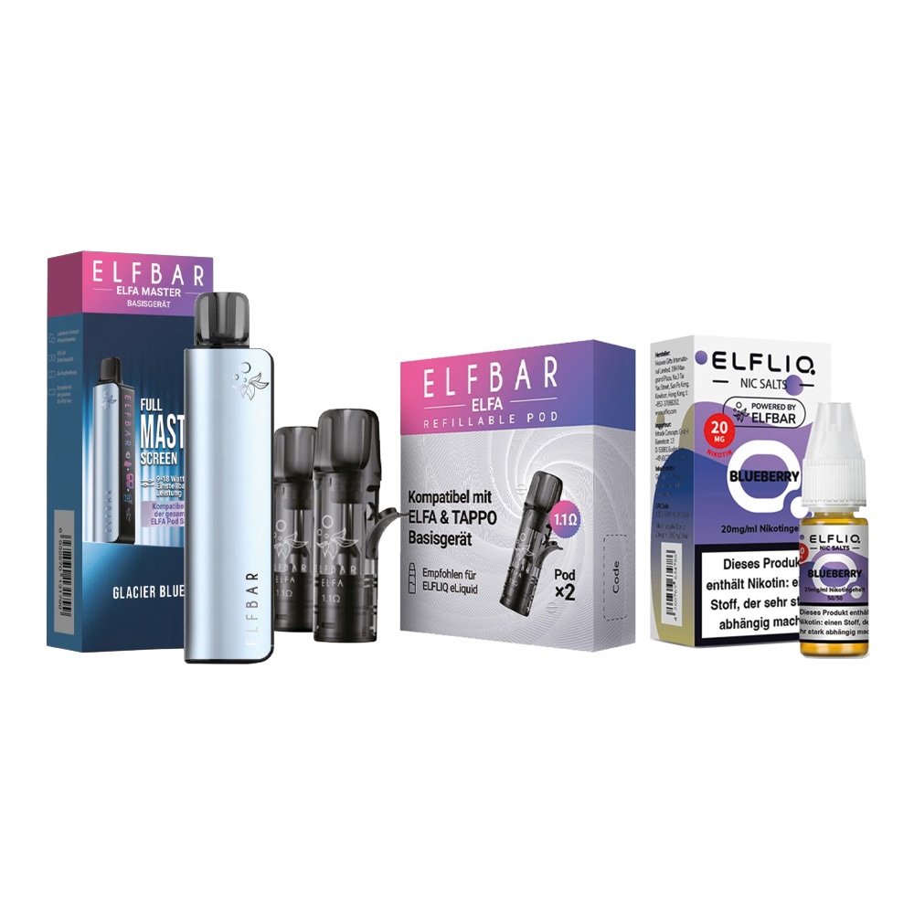 ELFBAR ELFA MASTER Basisger&auml;t - Glacier Blue mit Refillable Pods 2er Pack und ELFBAR ELFLIQ - Blueberry Nicotine Salt Liquid 10ml 20mg 