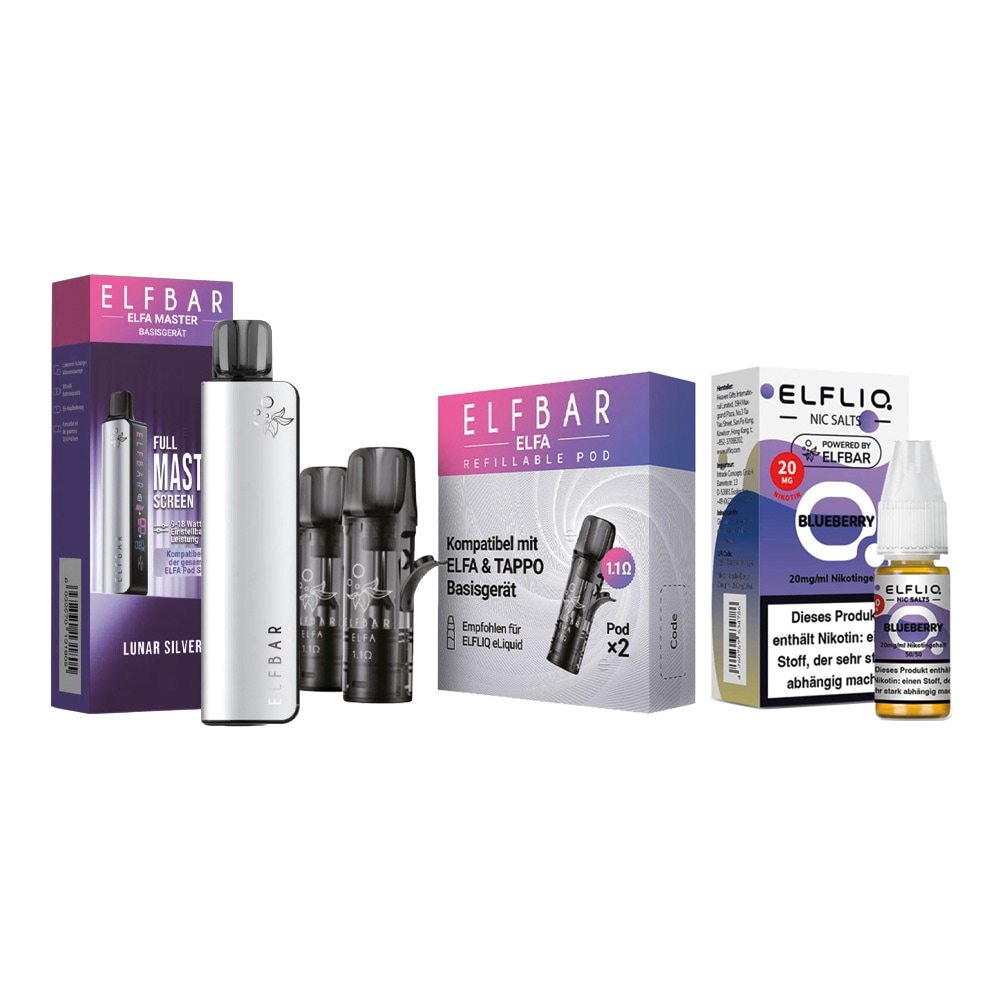 ELFBAR ELFA MASTER Basisger&auml;t - Lunar Silver mit Refillable Pods 2er Pack und ELFBAR ELFLIQ - Blueberry Nicotine Salt Liquid 10ml 20mg 