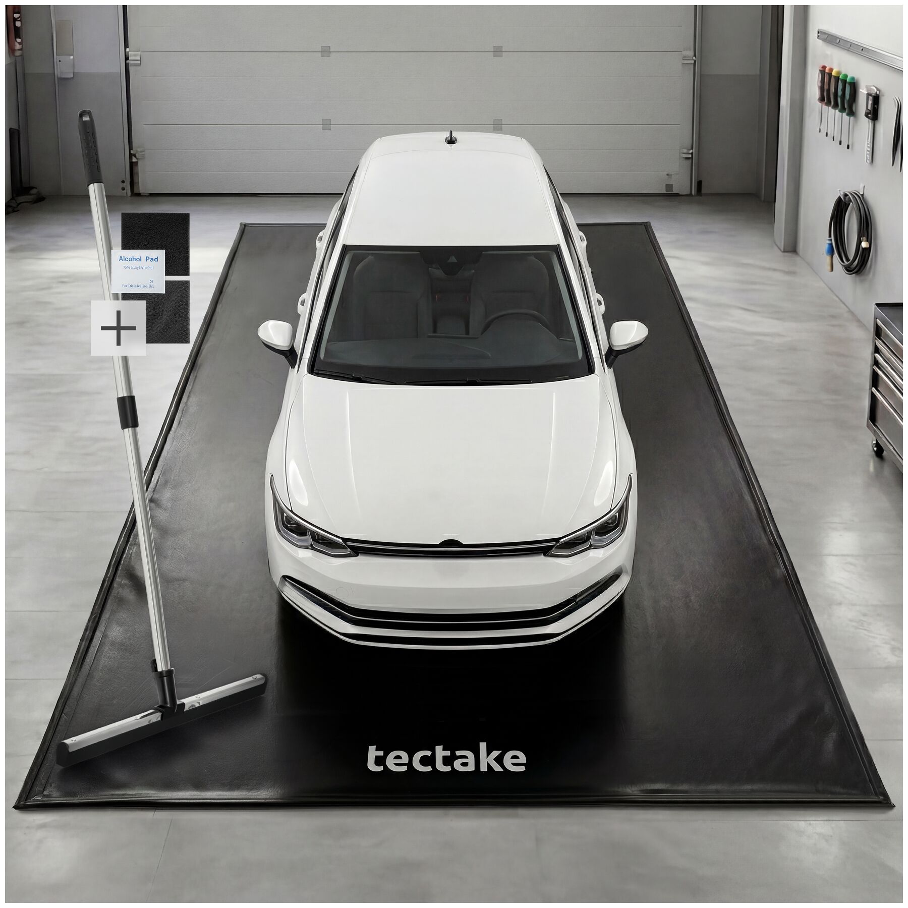 tectake&reg; Garagenbodenmatte, 2,4 x 5 m, mit Klettpads und Alkoholt&uuml;chern, inklusive ausziehbarem Abzieher 