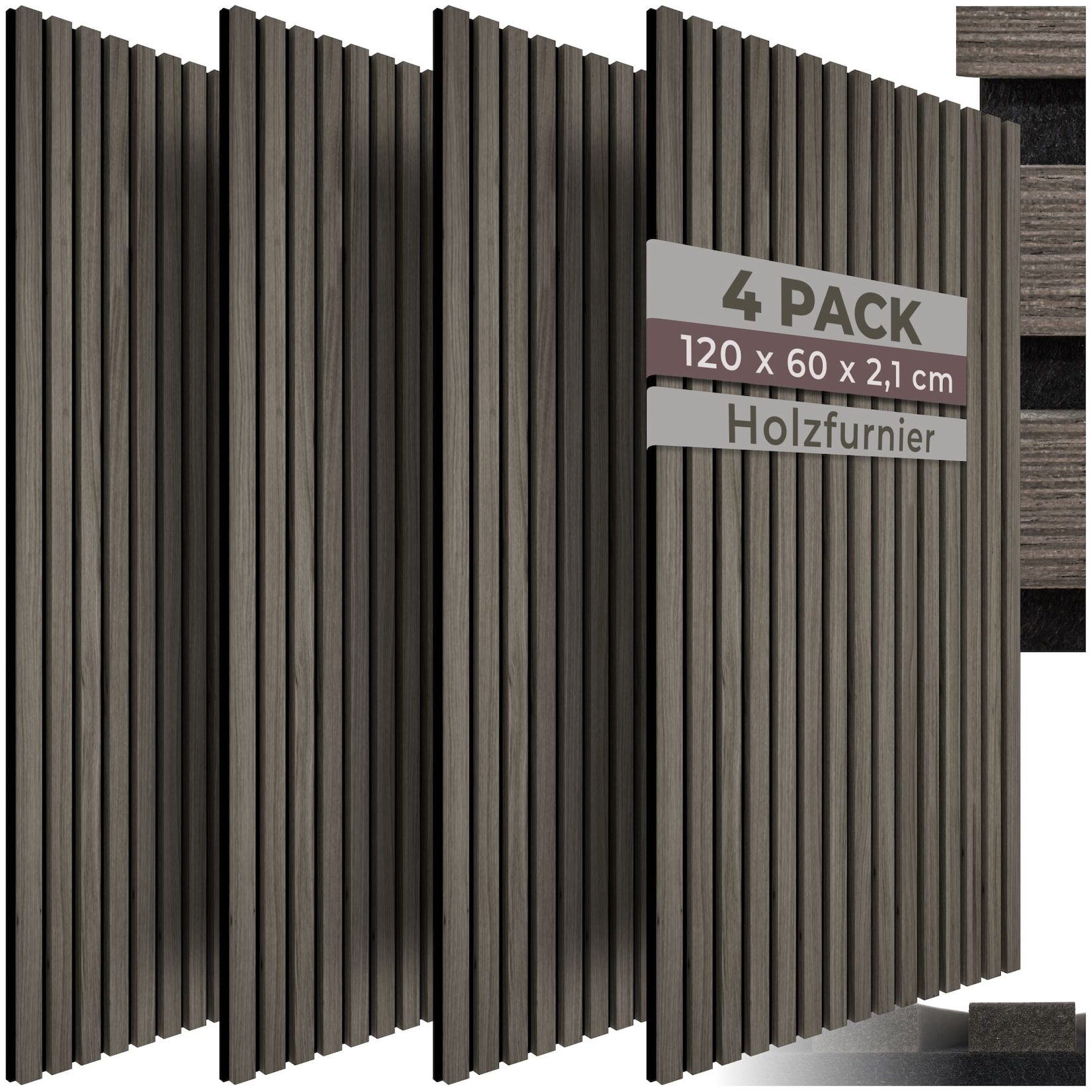 tectake® Akustikpaneele, Holzoptik in Eiche grau, MDF und Echtholzfurnier, je 60 x 120 x 2,1 cm, Größe flexibel anpassbar