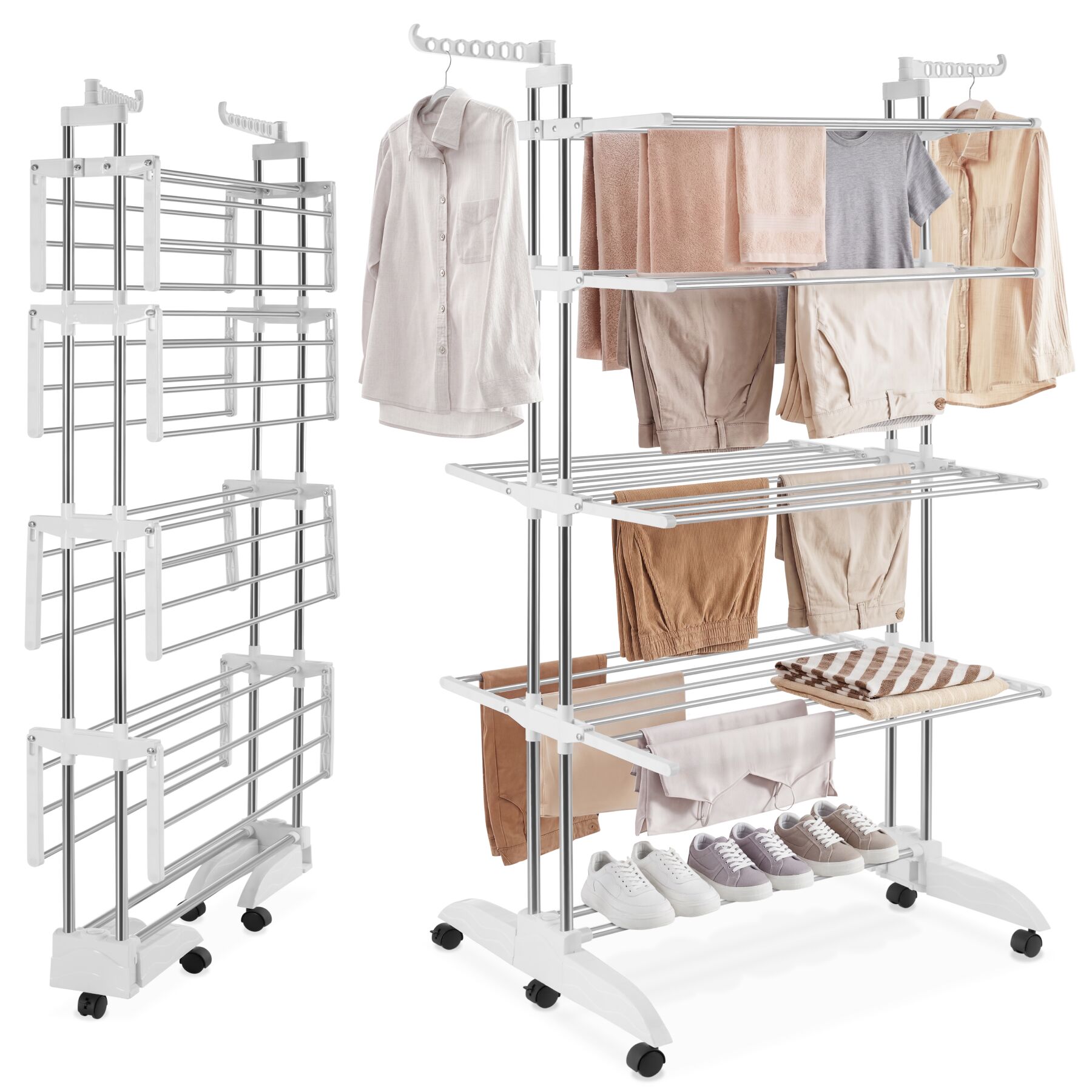 tectake&reg; Turmw&auml;schest&auml;nder, klappbar, 2 schwenkbare Seitenfl&uuml;gel, 6 drehbare Doppelrollen, 2 mit Feststellbremsen 