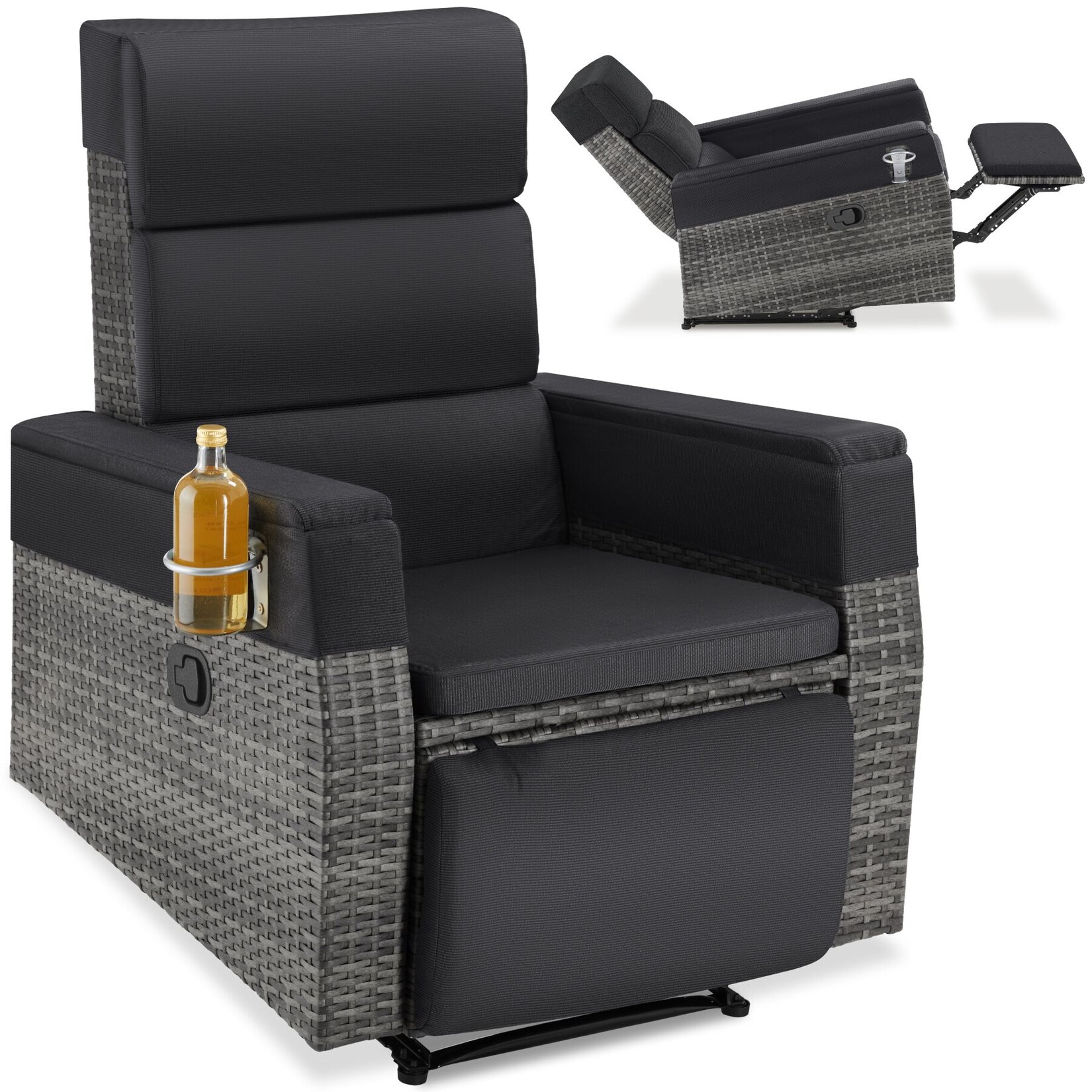 tectake® Aluminium Rattansessel, verstellbare Rückenlehne und Fußablage, abnehmbare Polster mit waschbaren Bezügen, Belastbarkeit 150 kg, 80 x 80 - 157 x 80 - 97 cm