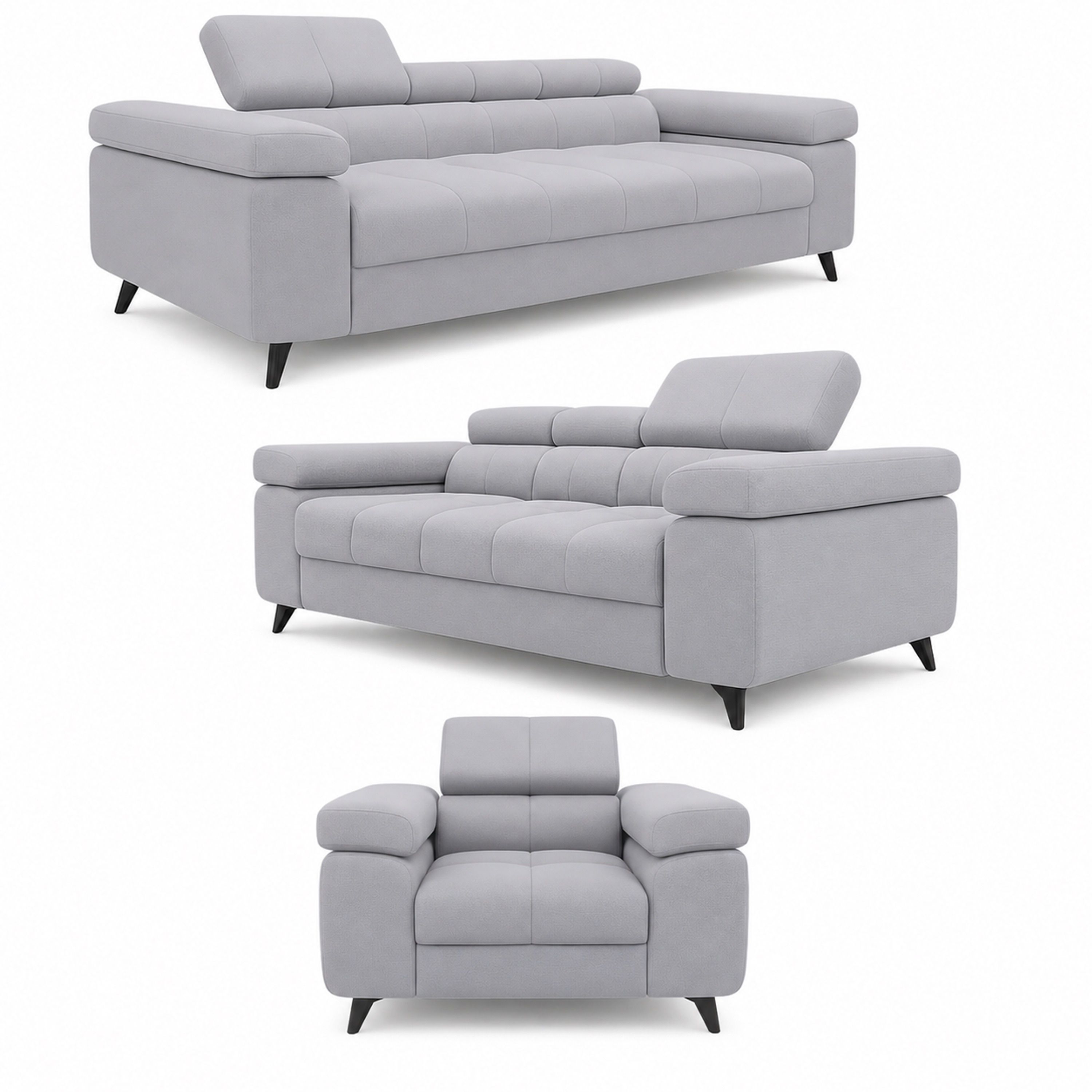 3-2-1 Sofa Set Utah Silbergrau Velvet Premium Bettfunktion und verstellbaren Kopfst&uuml;tzen 