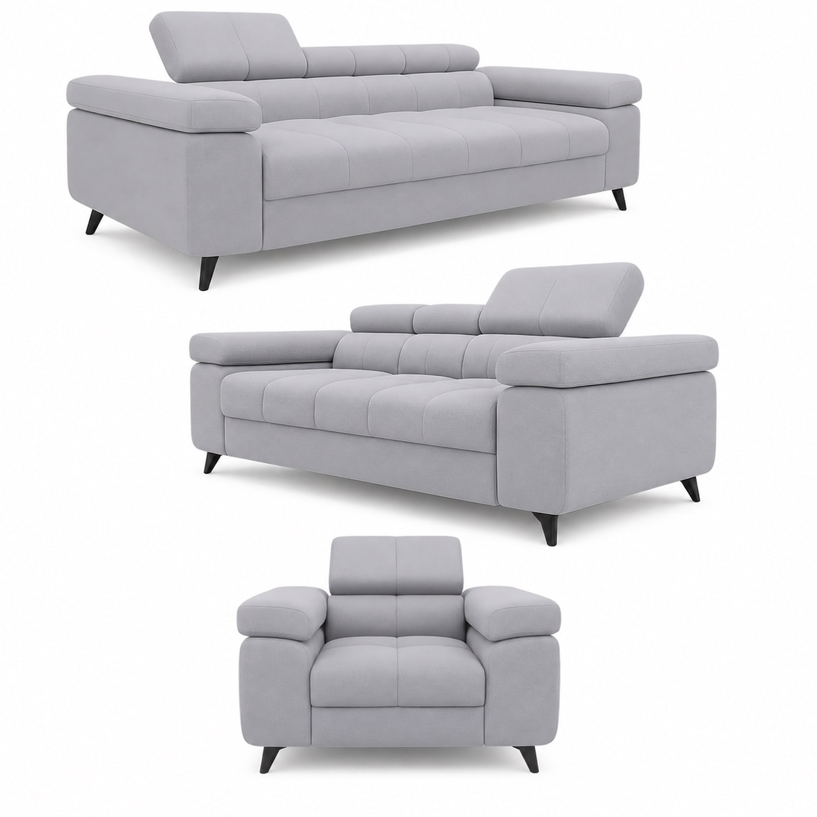 3-2-1 Sofa Set Utah Silbergrau Velvet Premium Bettfunktion und verstellbaren Kopfstützen