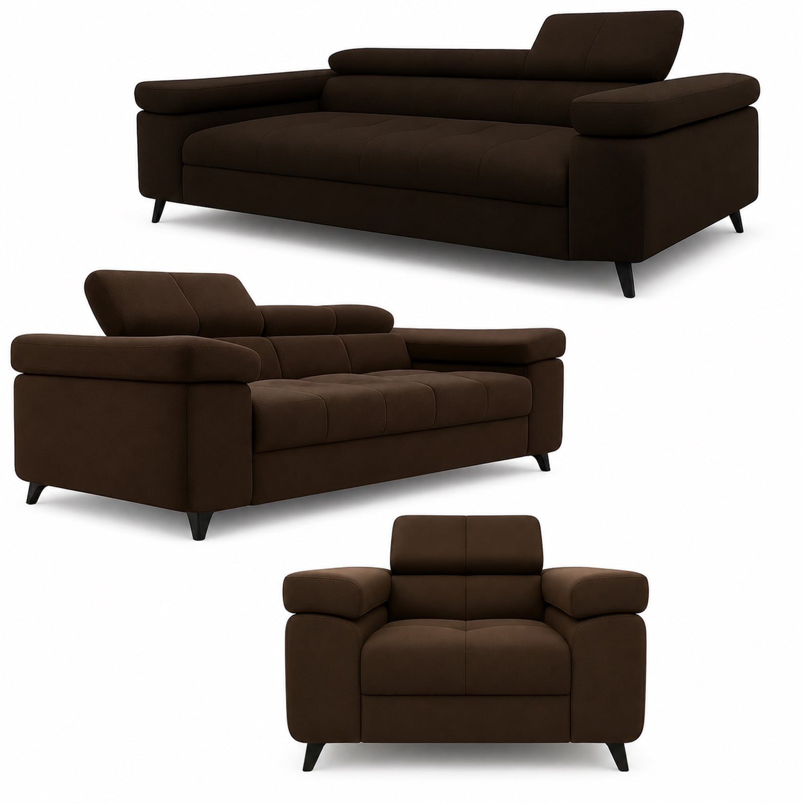 3-2-1 Sofa Set Utah Braun Velvet Premium Bettfunktion und verstellbaren Kopfstützen