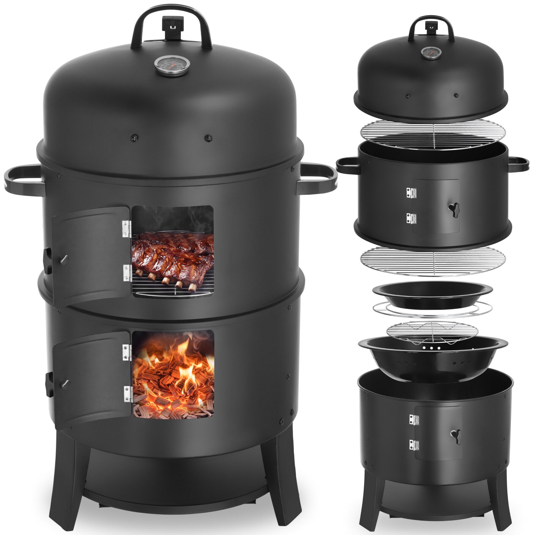 tectake&reg; R&auml;uchertonne, 3 in 1, zum Grillen, R&auml;uchern, Garen, Kohlerost und Ascheschale, &Oslash; 41 cm 